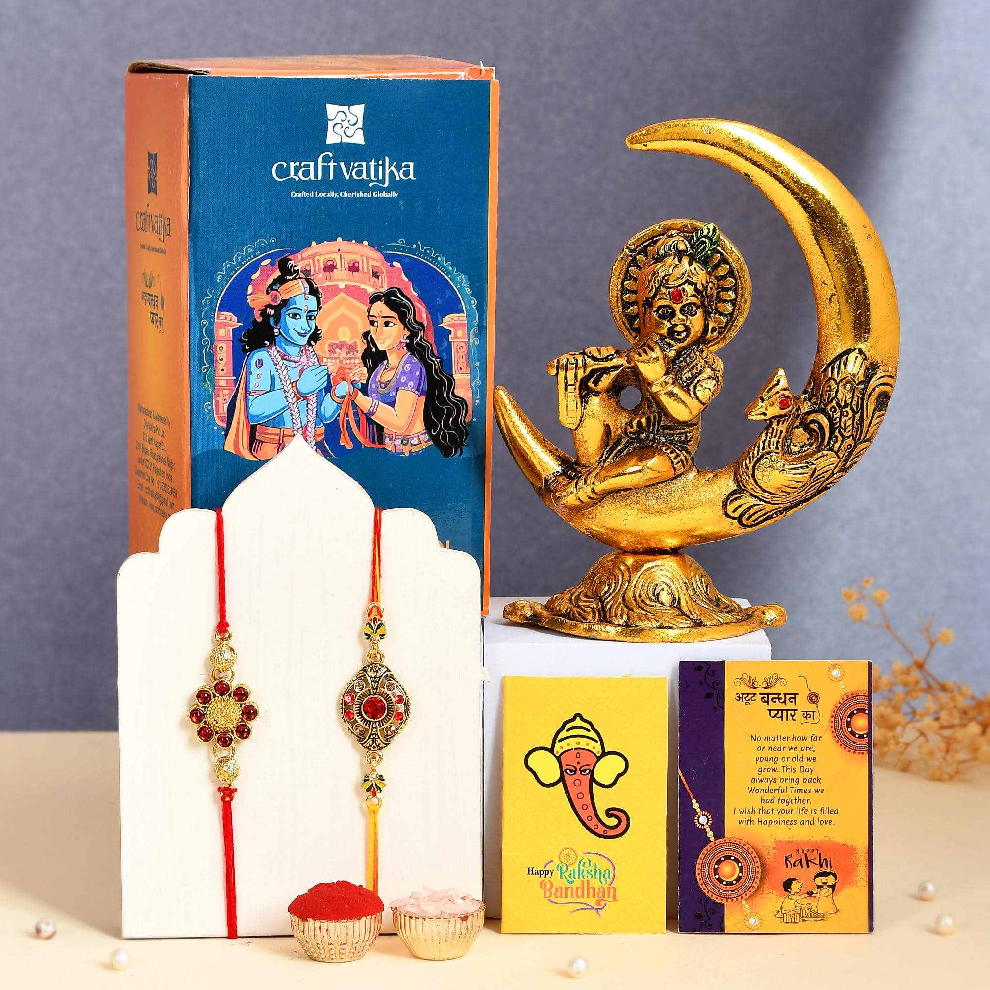Collectible India Rakhi Gift for Brother Bhai Combo Rakshabandhan Gift - Rakhi for Brother Bhai Men Boys - Baby Krishna Idols Statue, Greeting Card Home Decoration Items (M2- Set of 2 Rakhi)