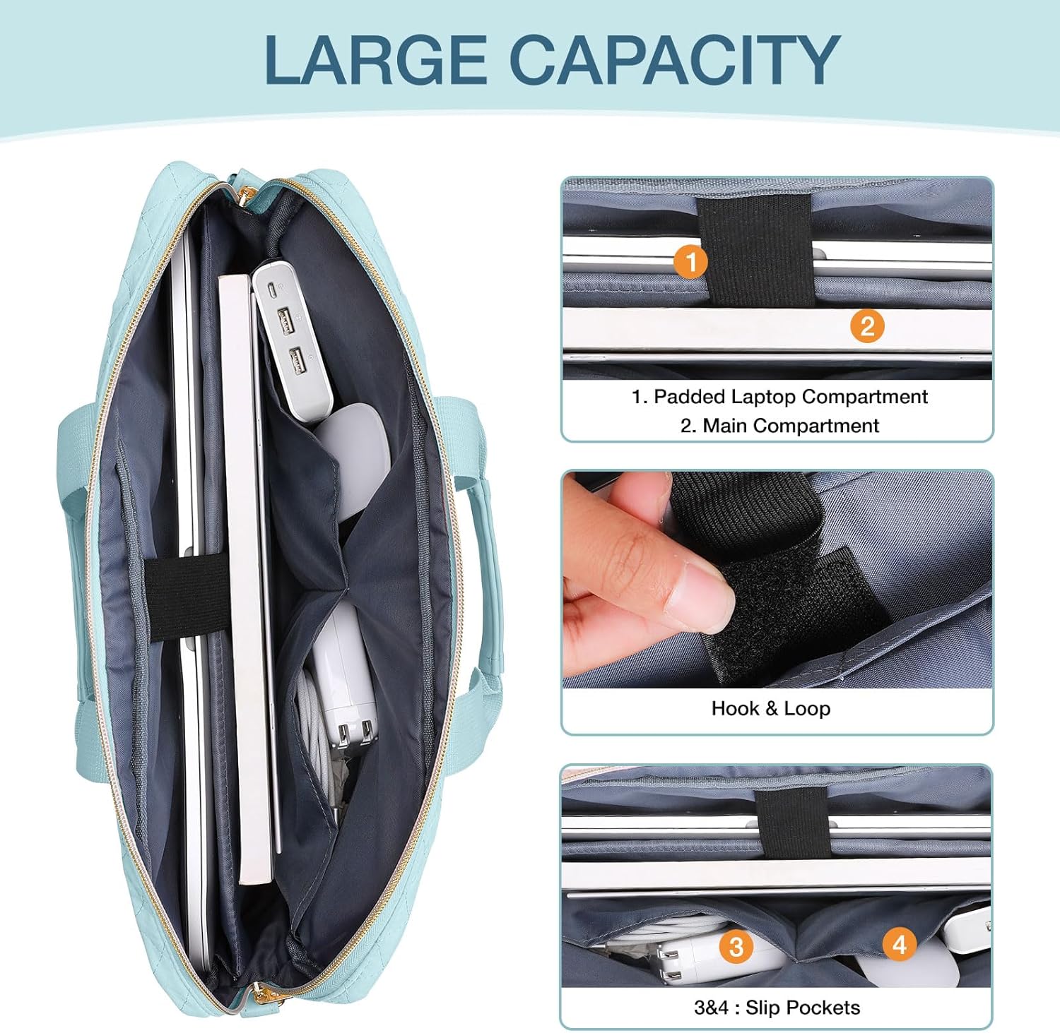 MOSISO 15-15.6 inch Laptop Bag, Briefcase for Women&Men, 16 inch Square Quilted Computer Messenger Bag Office Travel Business with 3 Pockets&Strap, Ice Blue - Image 4