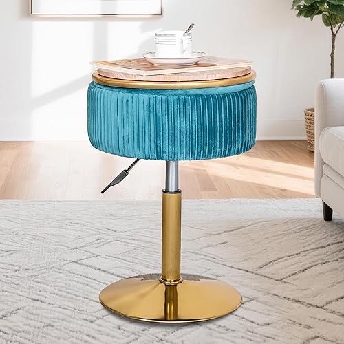 Miniatura 4 de Taburete de tocador ajustable con almacenamiento, silla giratoria dorada de 360, reposapiés otomano redondo pequeño de terciopelo para baño, sala de