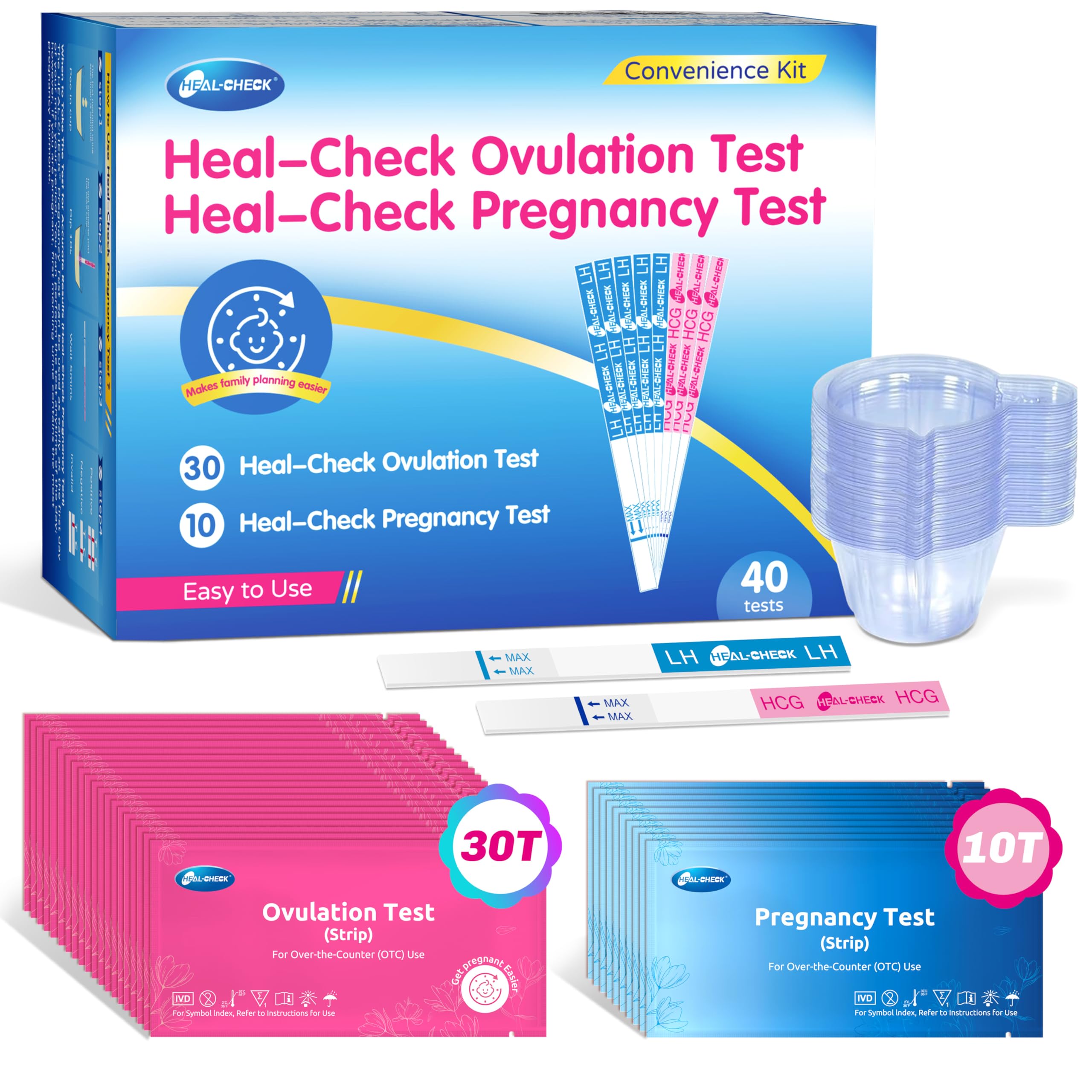 HEAL-CHECK 30 Ovulation and 10 Pregnancy Test Strips with 40 Urine Cups, Fertility Test for Women TTC, Get Pregnant Easier, Easy to Use at Home, Over