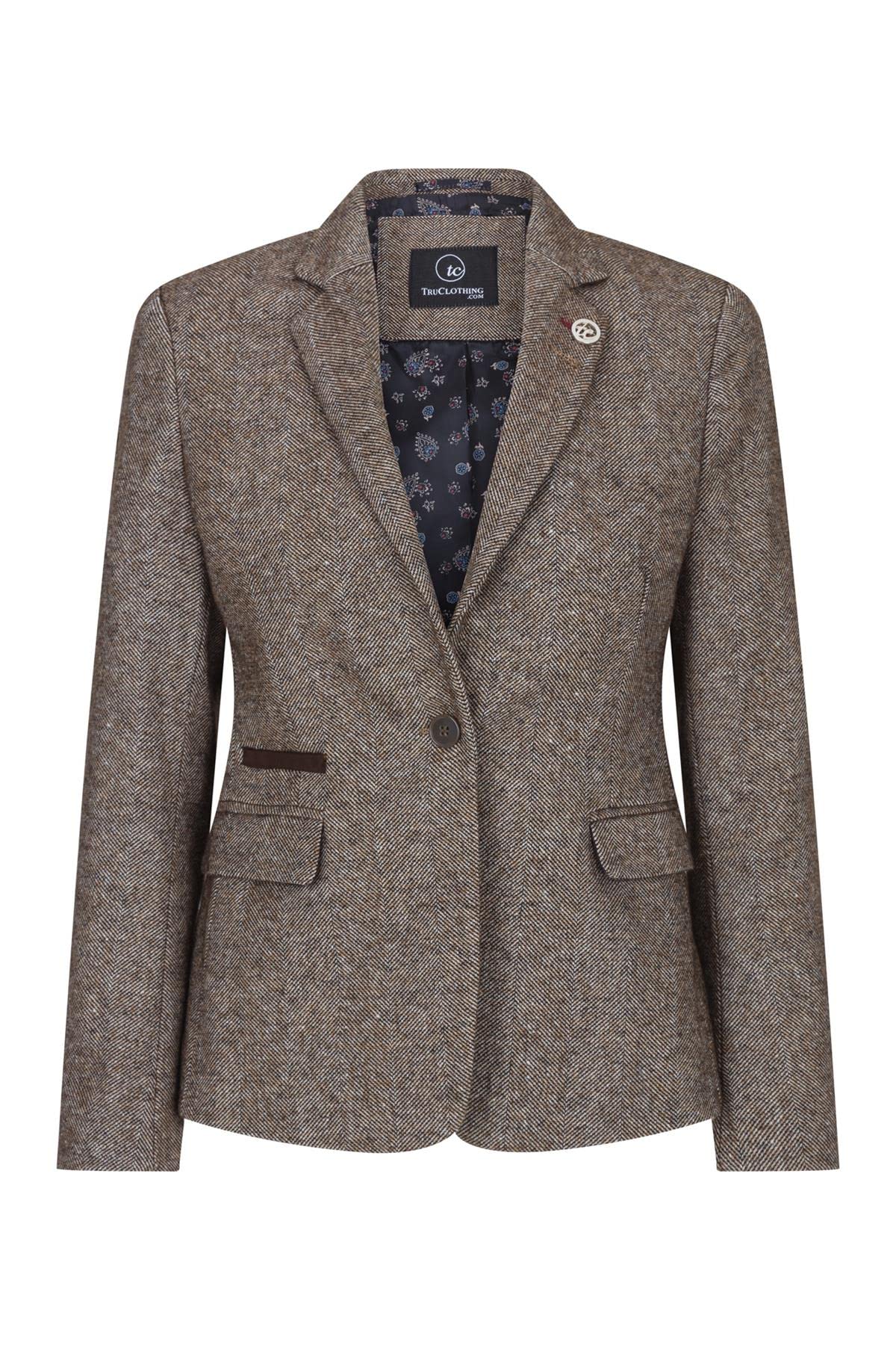 TruClothing Womens Tweed Blazer Jacket 1920s Vintage Elbow Patch Waistcoat Blinders Tan - Light Brown Blazer 12