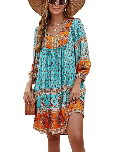 Bluetime Women Casual Summer Dress Boho V Neck 3/4 Sleeve