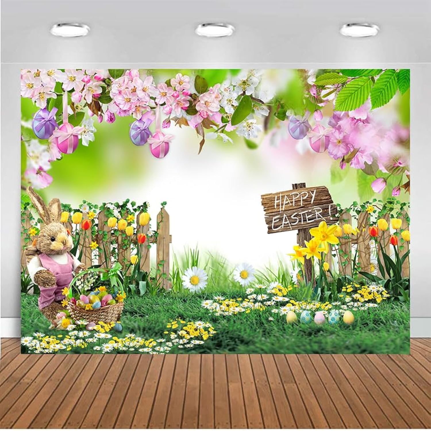 CHAIYA 10X8FT Spring Easter Garden Photography Backdrop Green Grass Lawn Pink Floral Fence Background Family Party Decorations Banner CY-207