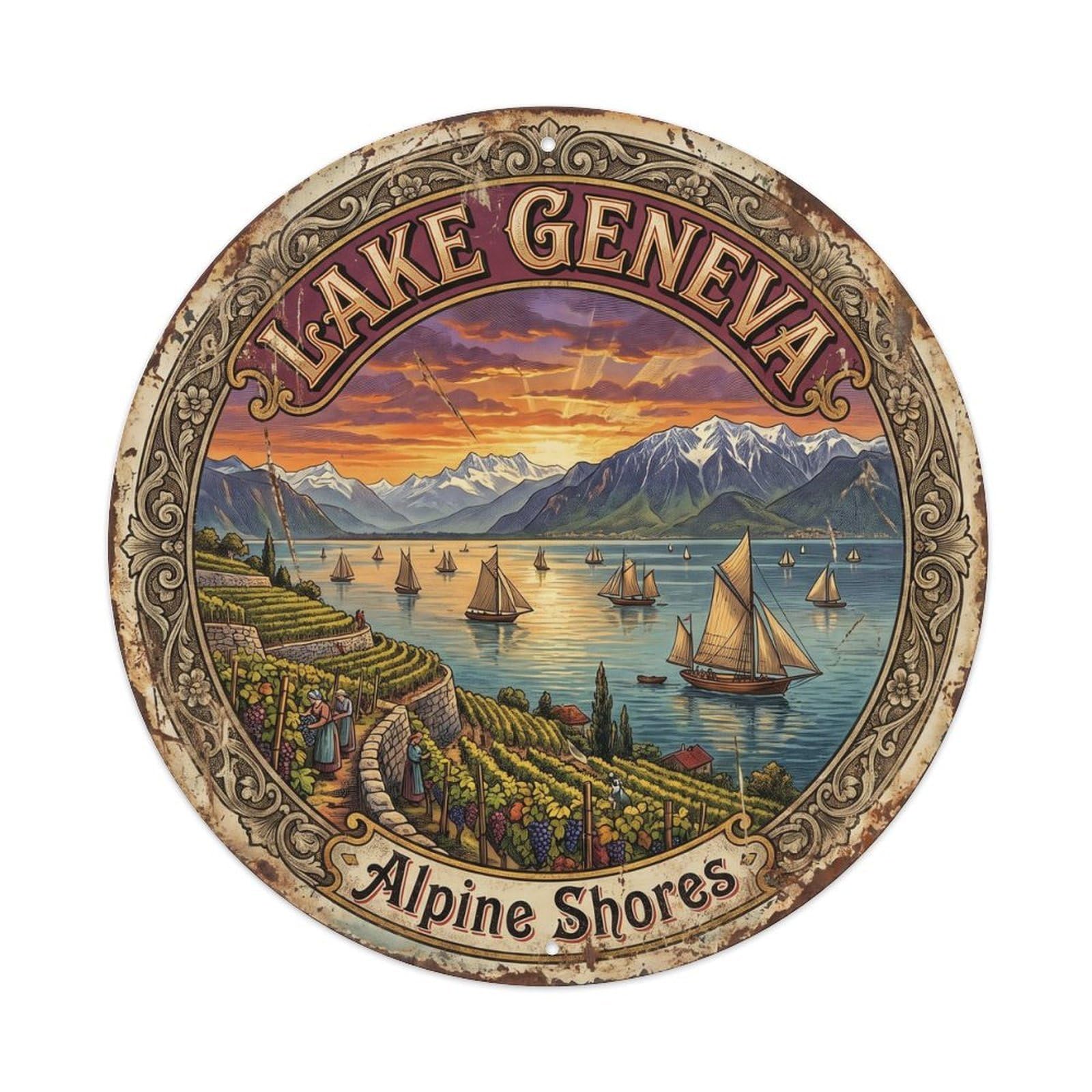 Vintage Travel Lakeside Panorama Switzerland Metal Tin Sign Plaque Wall Decor for Cafe, Club, Garden Round Metal Poster 8x8Inch