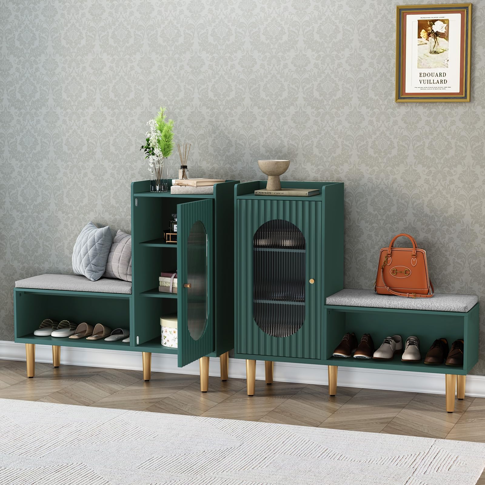 HLR Storage Bench Set of 2, Green Modern Entryway Shoe Cabinet Bench with Glass Door&amp;Shelf, L-Shaped Storage Cabinet with Padded Seat for Hallway, Bedroom, Living Room, Office