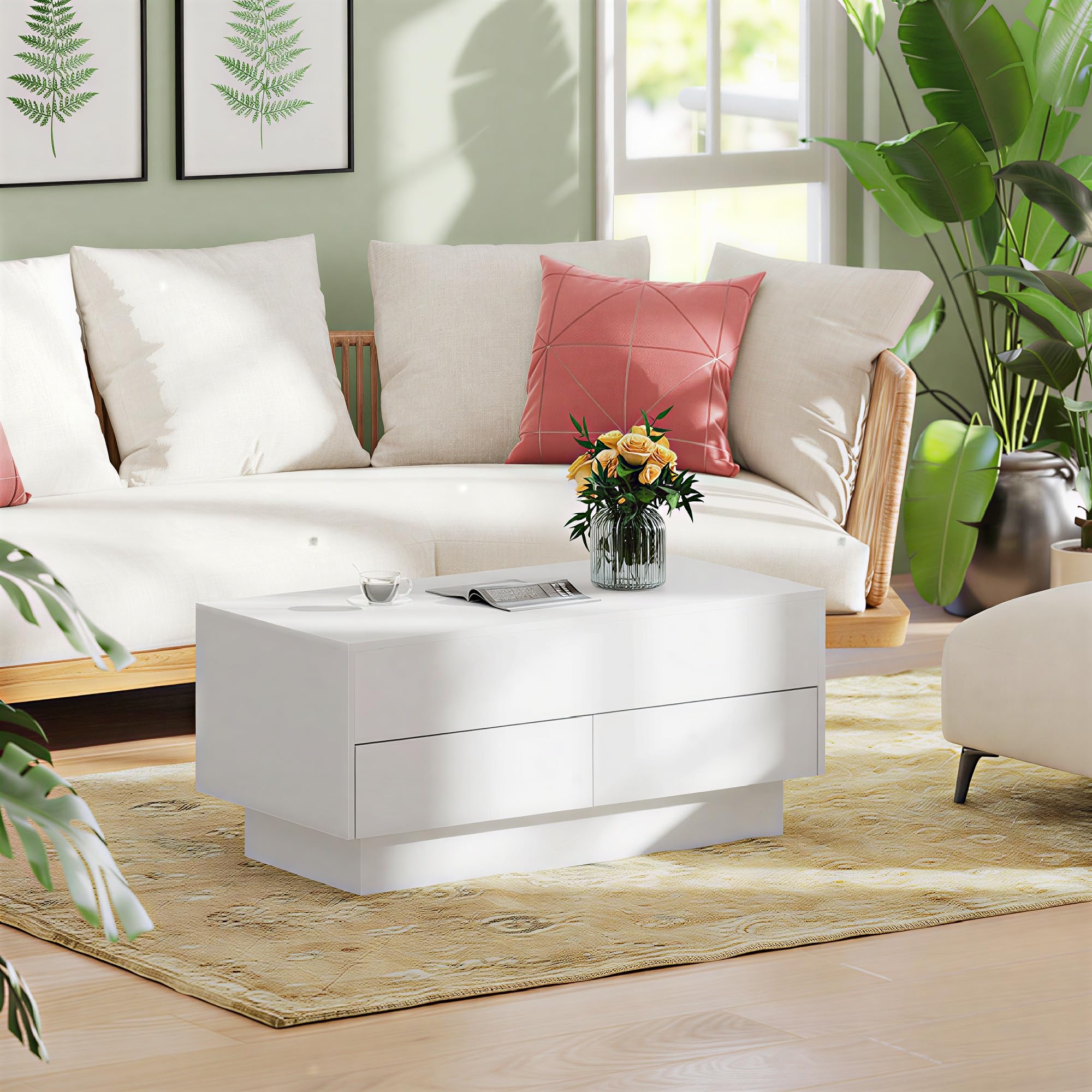 HOMCOM - Mesa baja elevable moderna con compartimento oculto y 2 cajones, mesa de salón para oficina y salón, 100 x 50 x 44 cm, color blanco