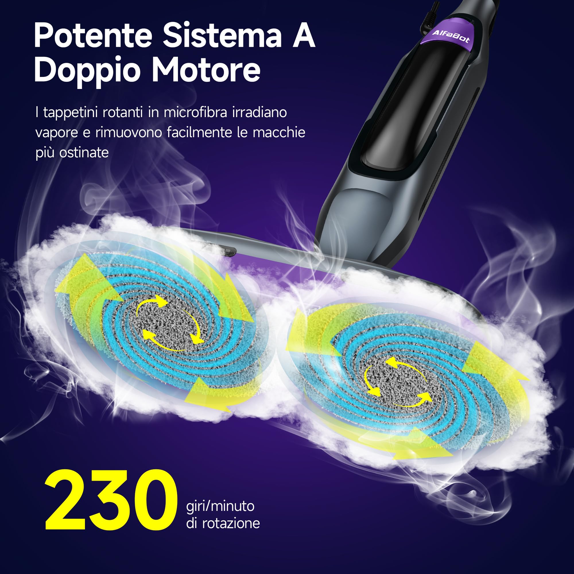 AlfaBot F2 Lavapavimenti a Vapore - Scopa a Vapore con Disinfezione 99.9% di germi e batteri, Vapore pronto in 30s, 450 ML, per tutti i tipi di Pavimenti Duri, Senza Uso di Detergenti