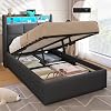 DICTAC Single Bed Frame with Hydraulic Storage and Charging Station 3ft Upholstered Ottoman Lift Up Storage Bed with Headboard and Led Light,90x190 Platform bed with Solid Wood Slats,Grey(No Mattress)