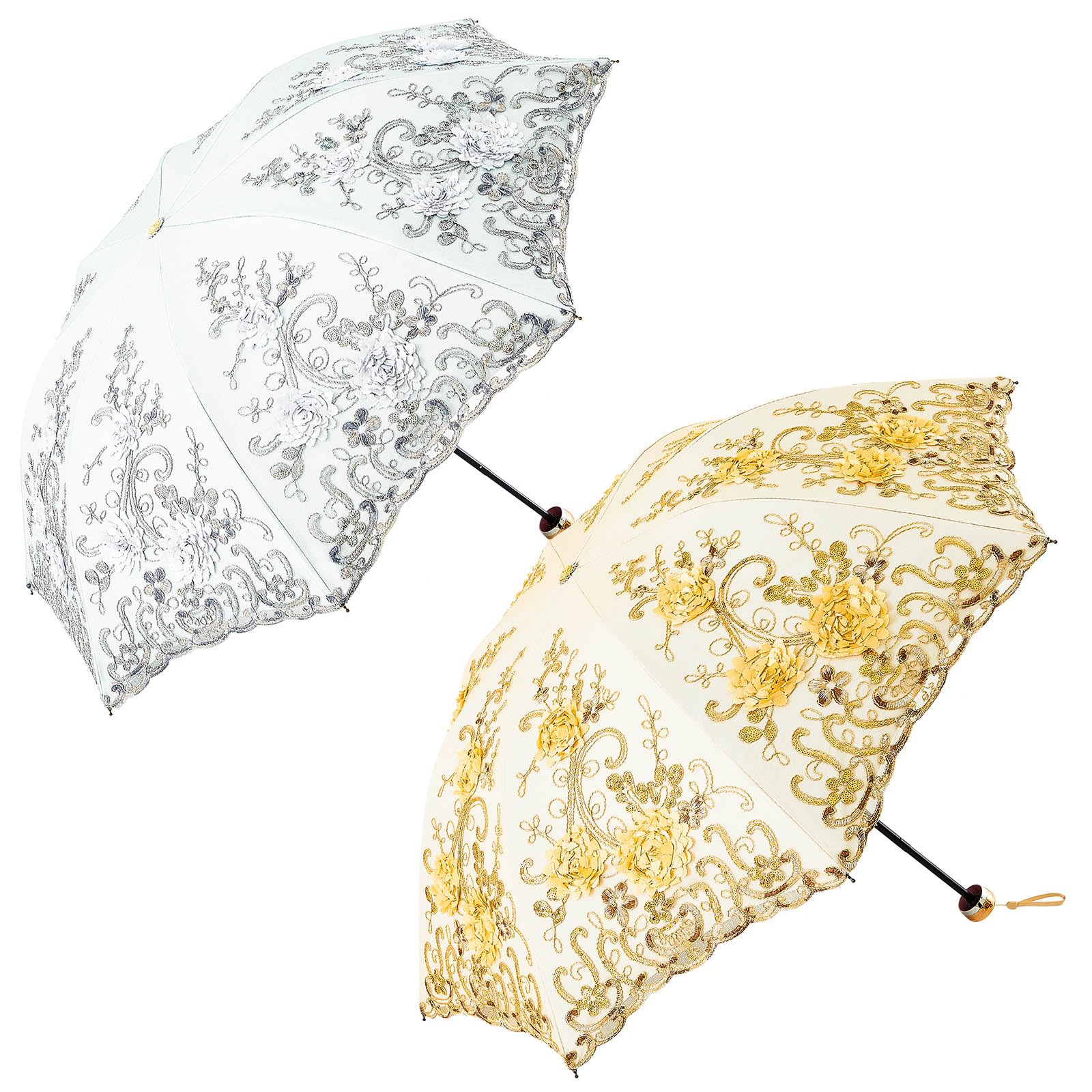 2 Pcs Vintage Lace Parasol 3D Flower Embroidery Umbrella Sun Proof UPF50+ Folding Umbrella for Wedding Party and Photo Shooting, Gray and Apricot Yellow