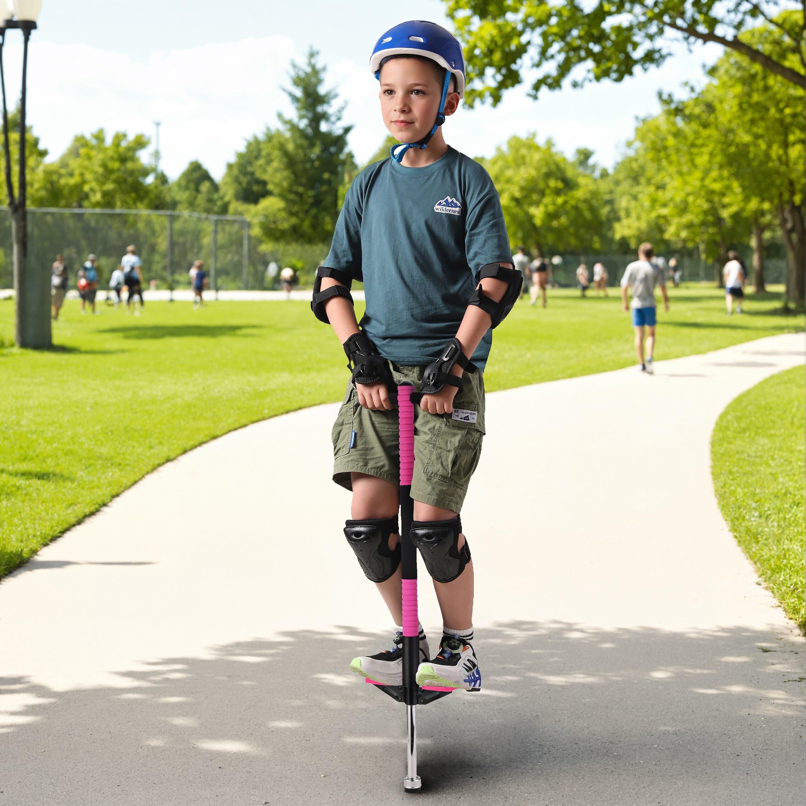 Relaxdays Pogo Stick, für Kinder, Springstock bis 35 kg, gepolststert, Sprungstab Outdoor, rutschfest, Edelstahl, pink