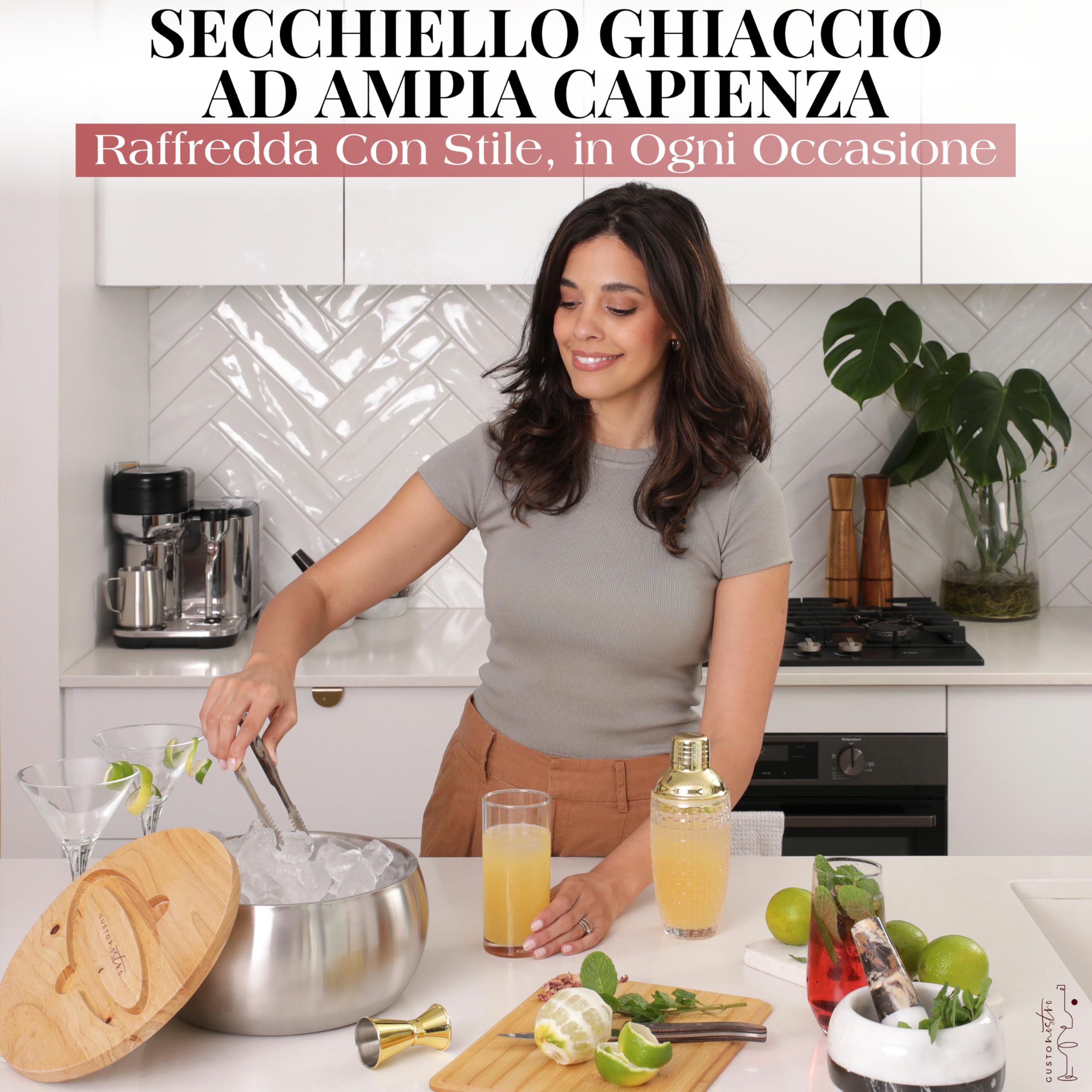 Gusto Nostro Secchiello Ghiaccio ad Isolamento Termico da 4,1L con Coperchio e Pinze, Porta Ghiaccio per Bottiglie a Doppia Parete in Acciaio Inox, Senza BPA, Extra Capienza per Champagne, Vino, Birra