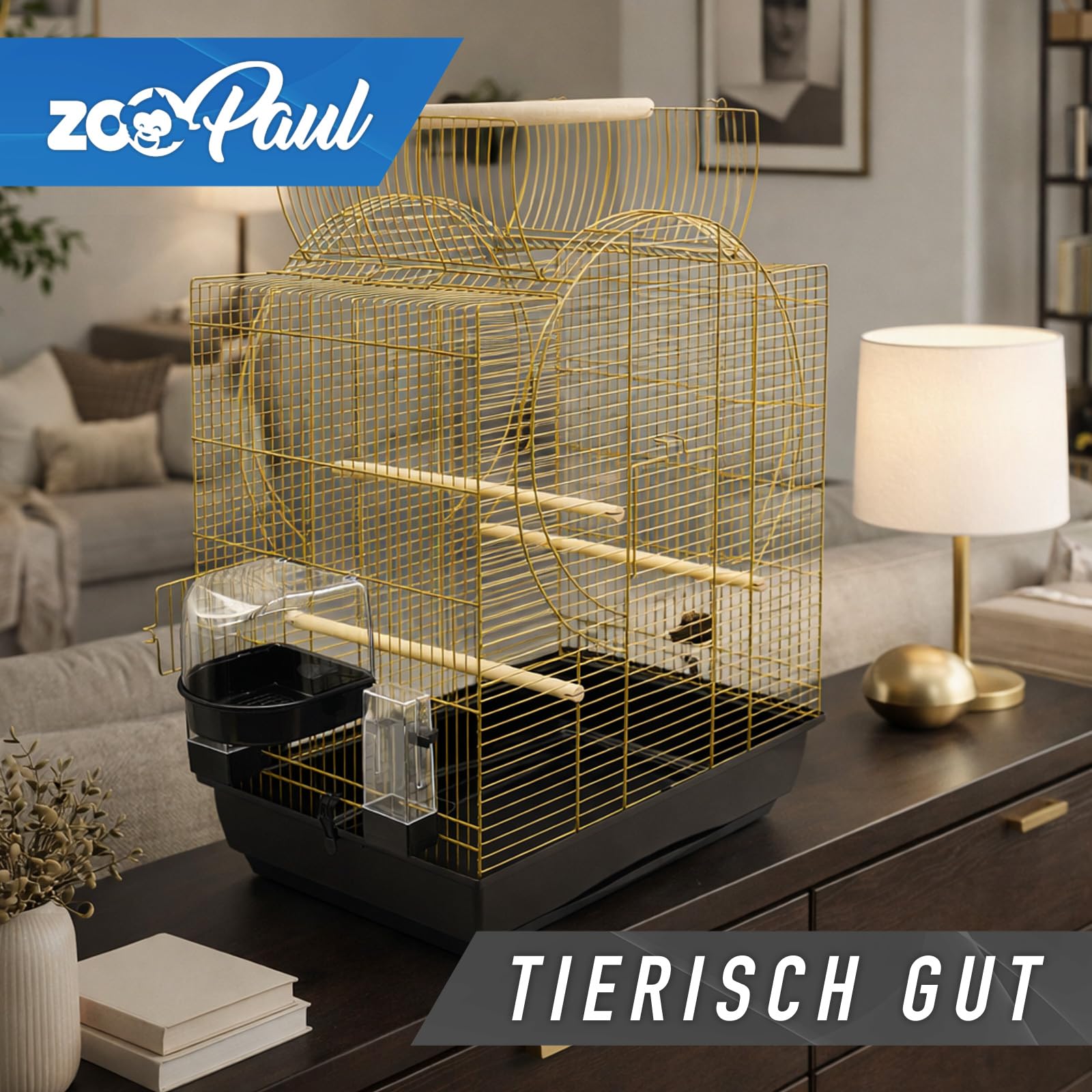 Zoopaul Vogelkäfig XXL Emma Cabrio schwarz Gold Wellensittiche Kanarien mit Trinkröhrchen Badehaus usw.