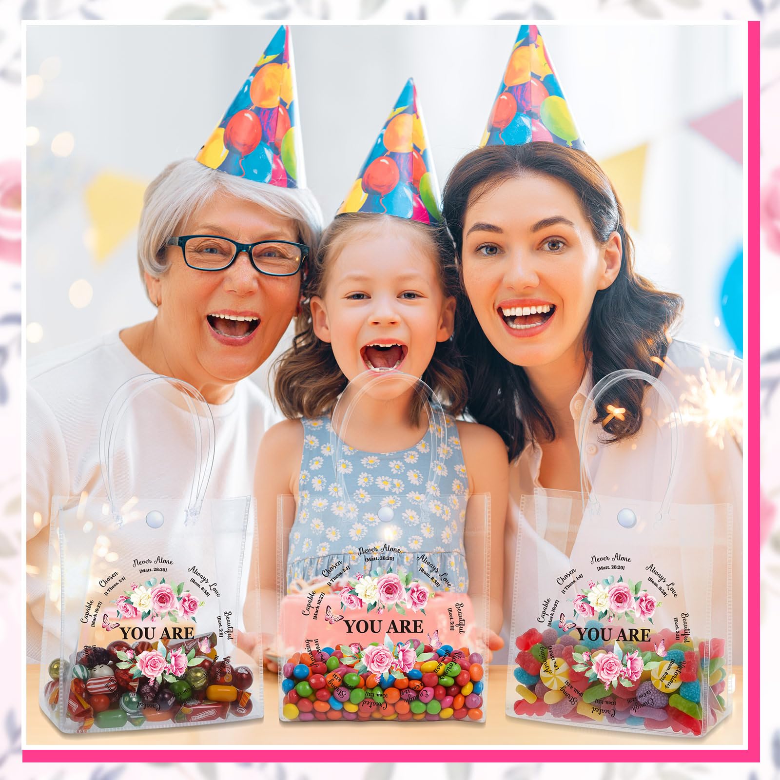 AmazingSpark 24 Pcs Christian Gift Bags for Women Bulk Gift Bags for Women Bulk Inspirational Gifts Pink Floral Religious Goodie Bag with Handles Gifts for Church Bible Birthday Party