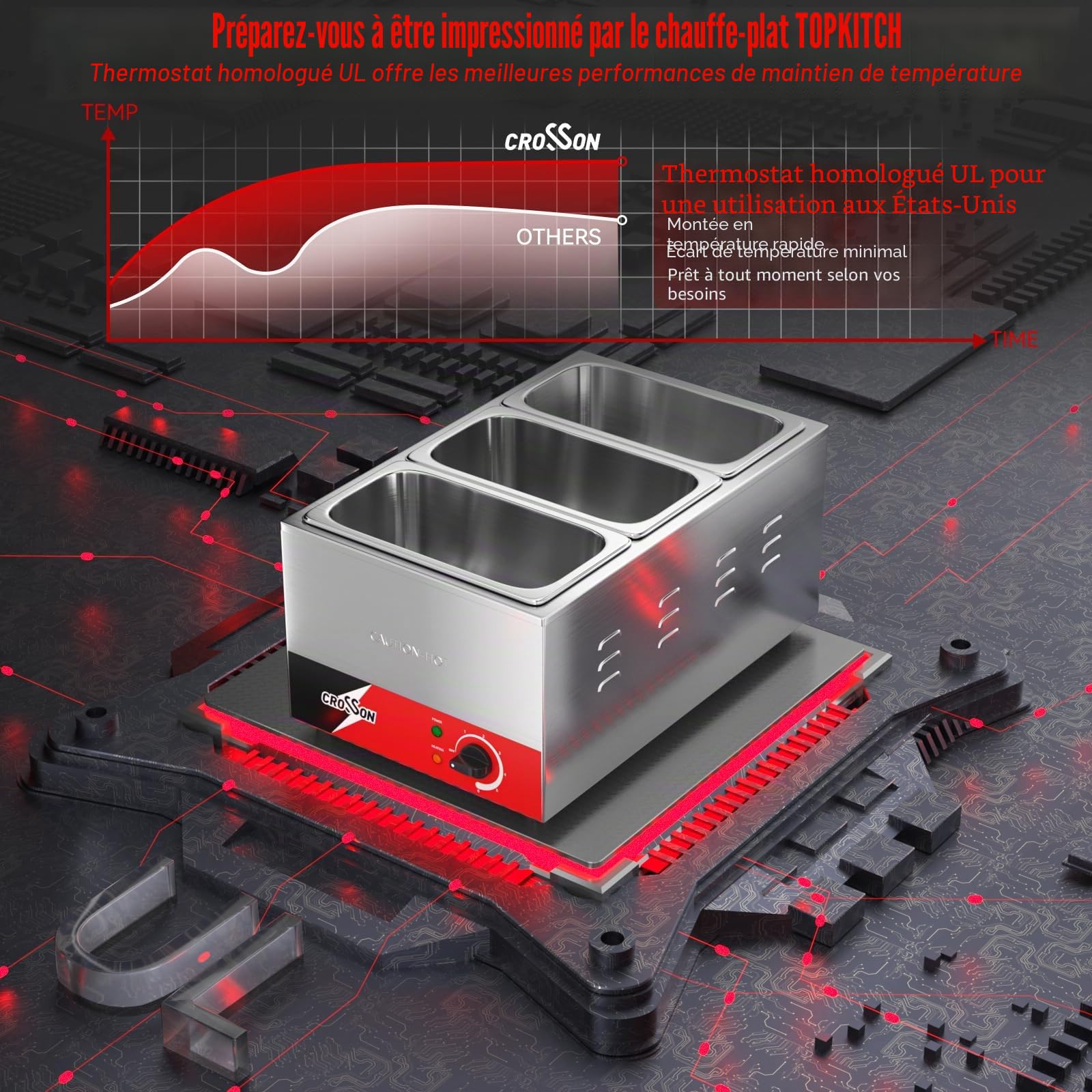 CROSSON Bain Marie Électrique Professionnel,1200W Bain Marie Électrique en Acier Inoxydable,3 x GN 1/3 Récipients avec Couvercle,Température Réglable 30°C - 85°C Chauffe-Buffet Chafing Dish
