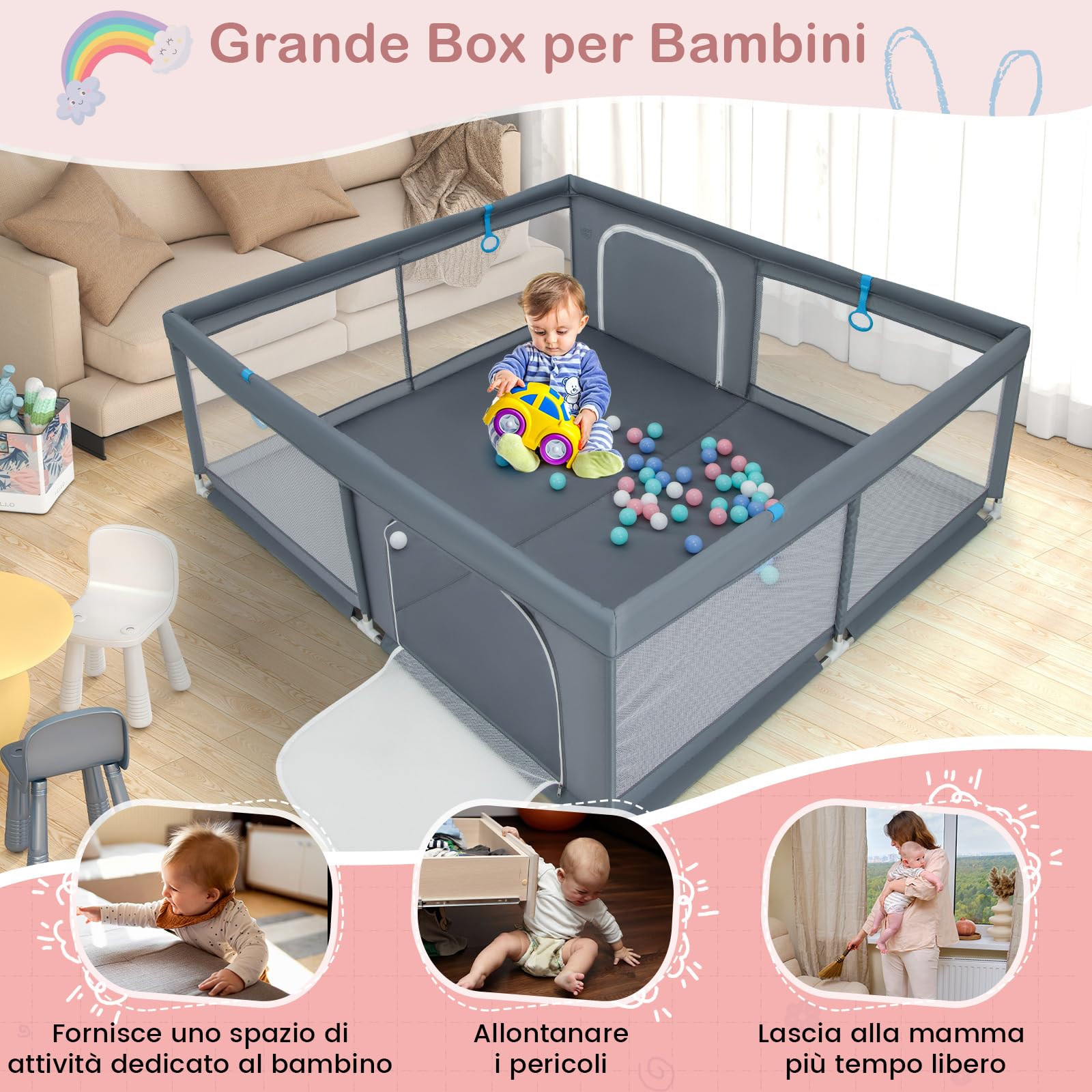 GYMAX 200 x 180 CM Recinto da Gioco per Bambini, Box per Bambini con Rete Traspirante, 50 Palline dell'Oceano e Anelli, Centro Attività con Borsa di Stoccaggio per 0-3 Anni, Blu/Verde/Grigio (Grigio)