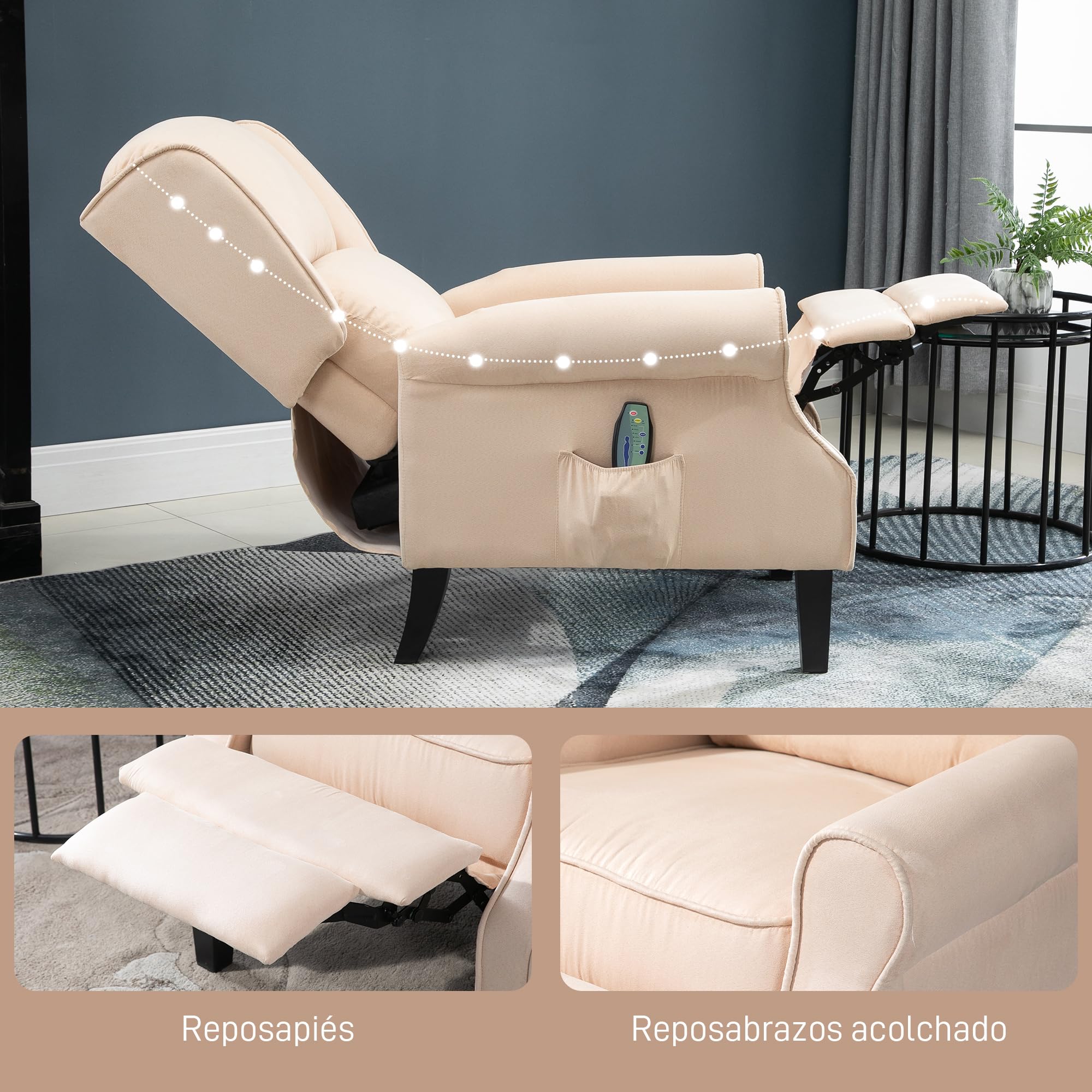 HOMCOM Sillón de Masaje Sillón Relax Reclinable con Mando a Distancia 2 Zonas de Masaje Bolsillo Lateral y Tapizado en Tejido de Ante 78x83x101 cm Crema