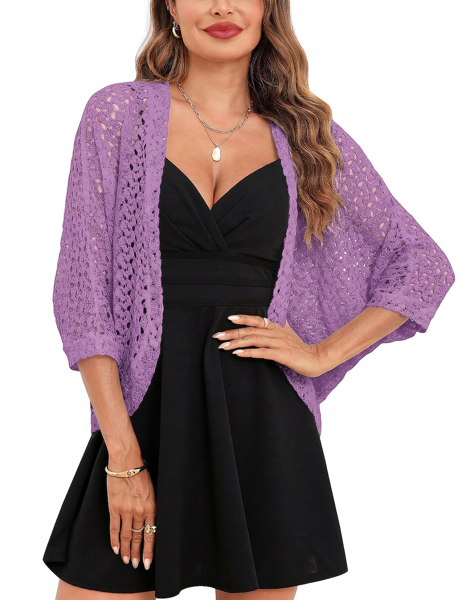Gyabnw Damen Strickacke Elegante Bolero Spitzenjacke Festlich Cardigan Kurzer Blazer Festlich Bolero mit 3/4 Arm für Abendkleider Cocktailkleid