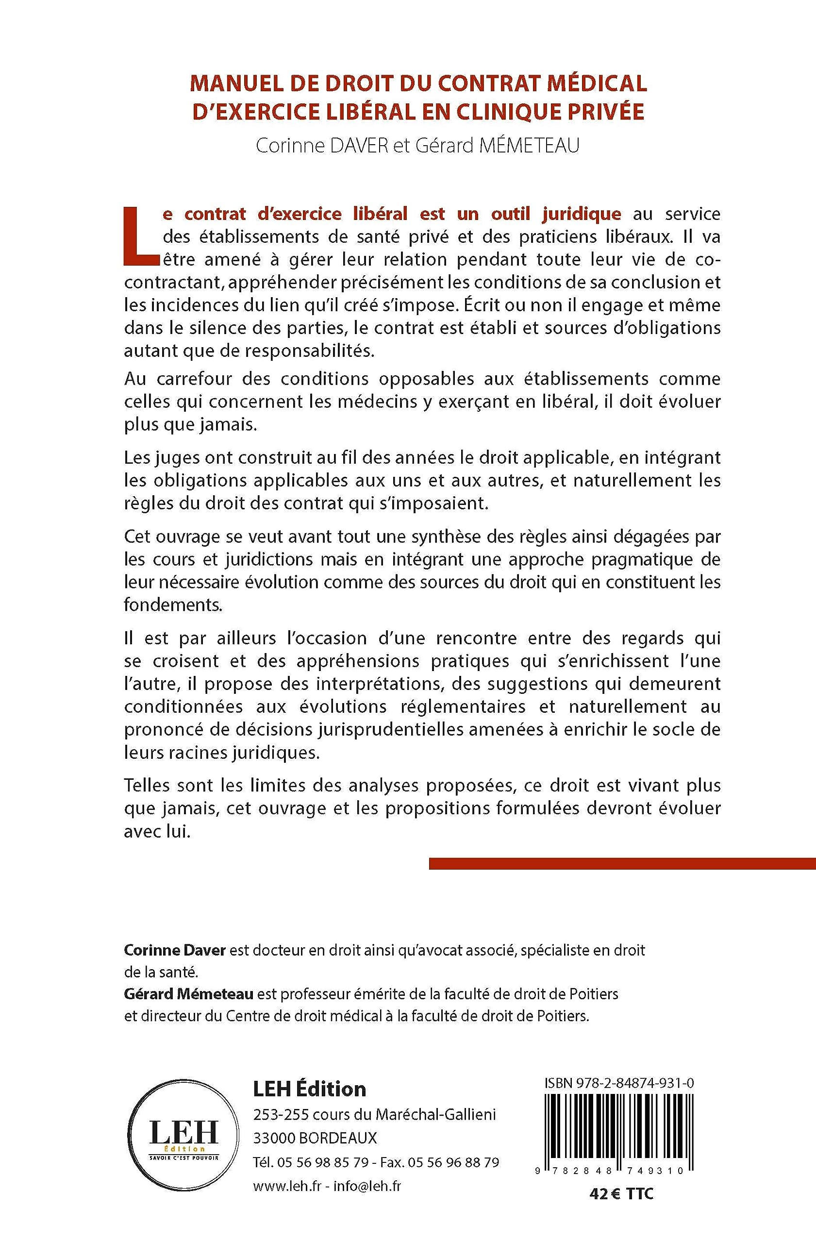 Manuel de droit du contrat médical d'exercice libéral en clinique privée