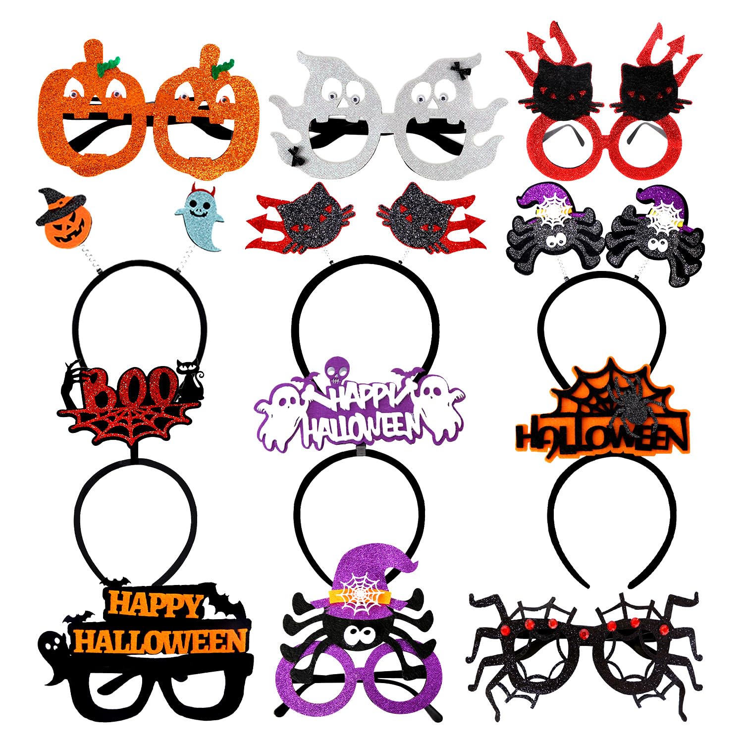 LeesgelHalloween Decorations for Kids&Adults, 12pack Headbands&Glasses for Halloween Costumes Accessories, Halloween Pumpkins/Spiders/Witch Hat Photo Booth Props for Halloween Activities Games