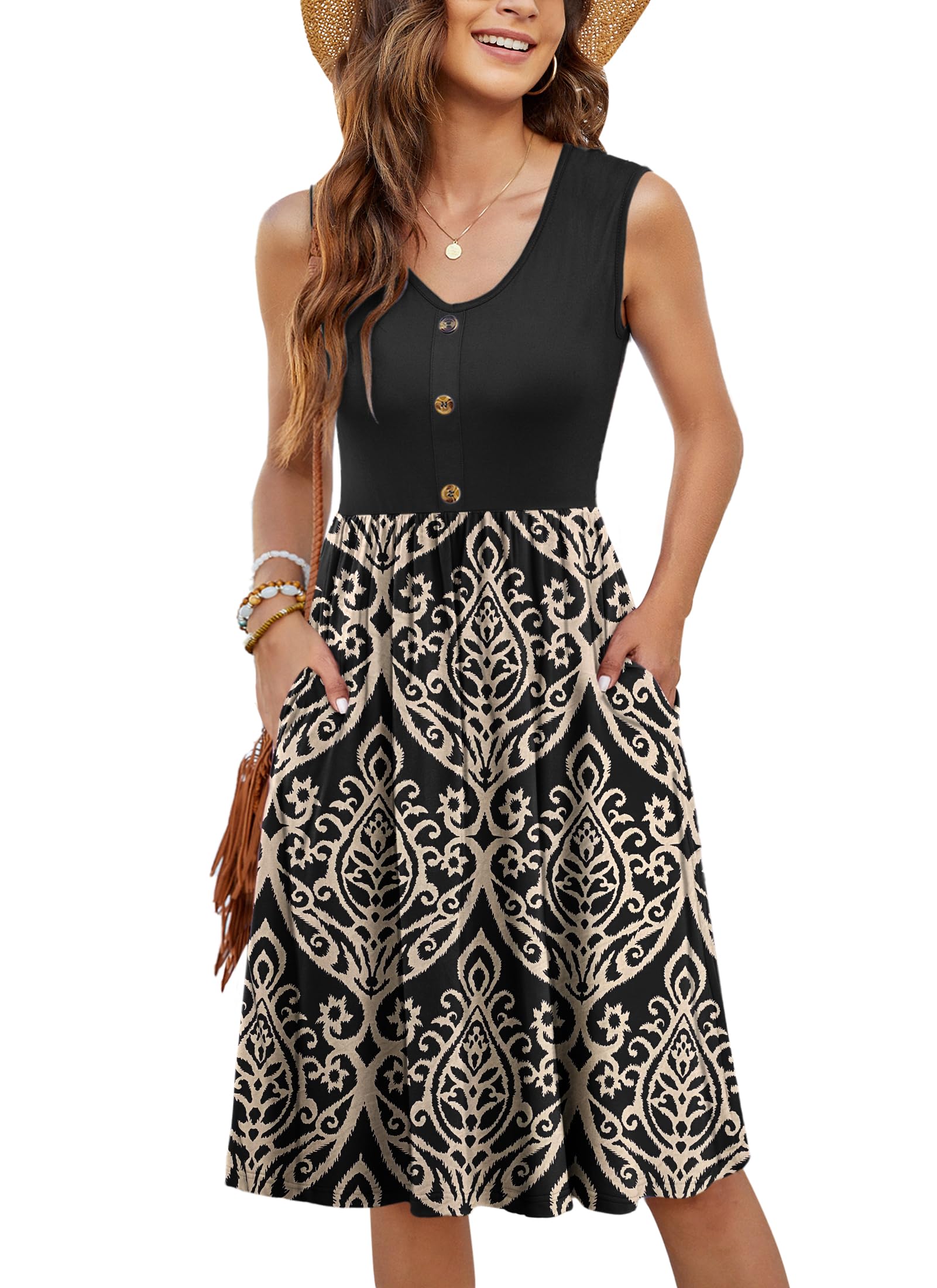 MOLERANI Women Summer Dresses Sleeveless Casual Loose Swing Button Down Midi Sundress with Pockets