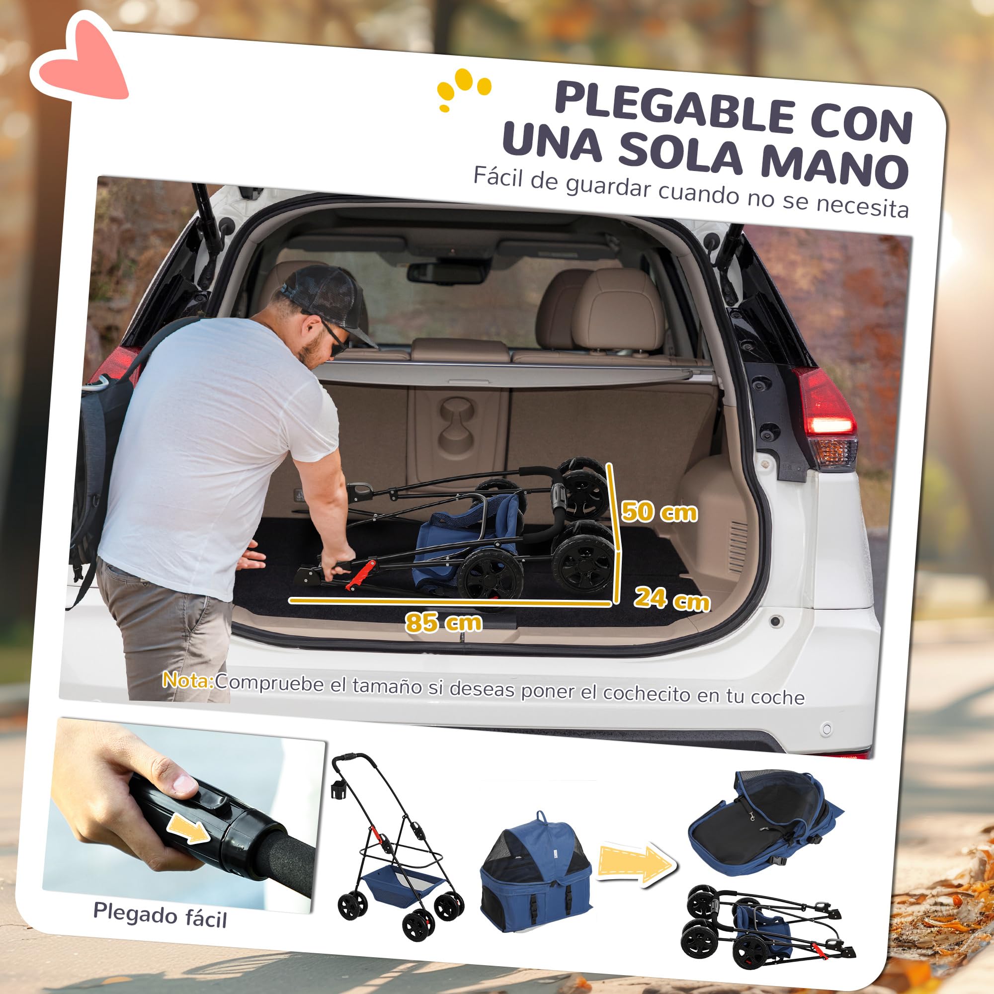 PawHut Carrito para Perros Plegable 3 en 1 Cochecito para Mascotas Carrito para Perros Miniatura con Cesta de Almacenaje Ventana de Malla Portavasos y 2 Ruedas Universales 76x50x102 cm Azul Oscuro