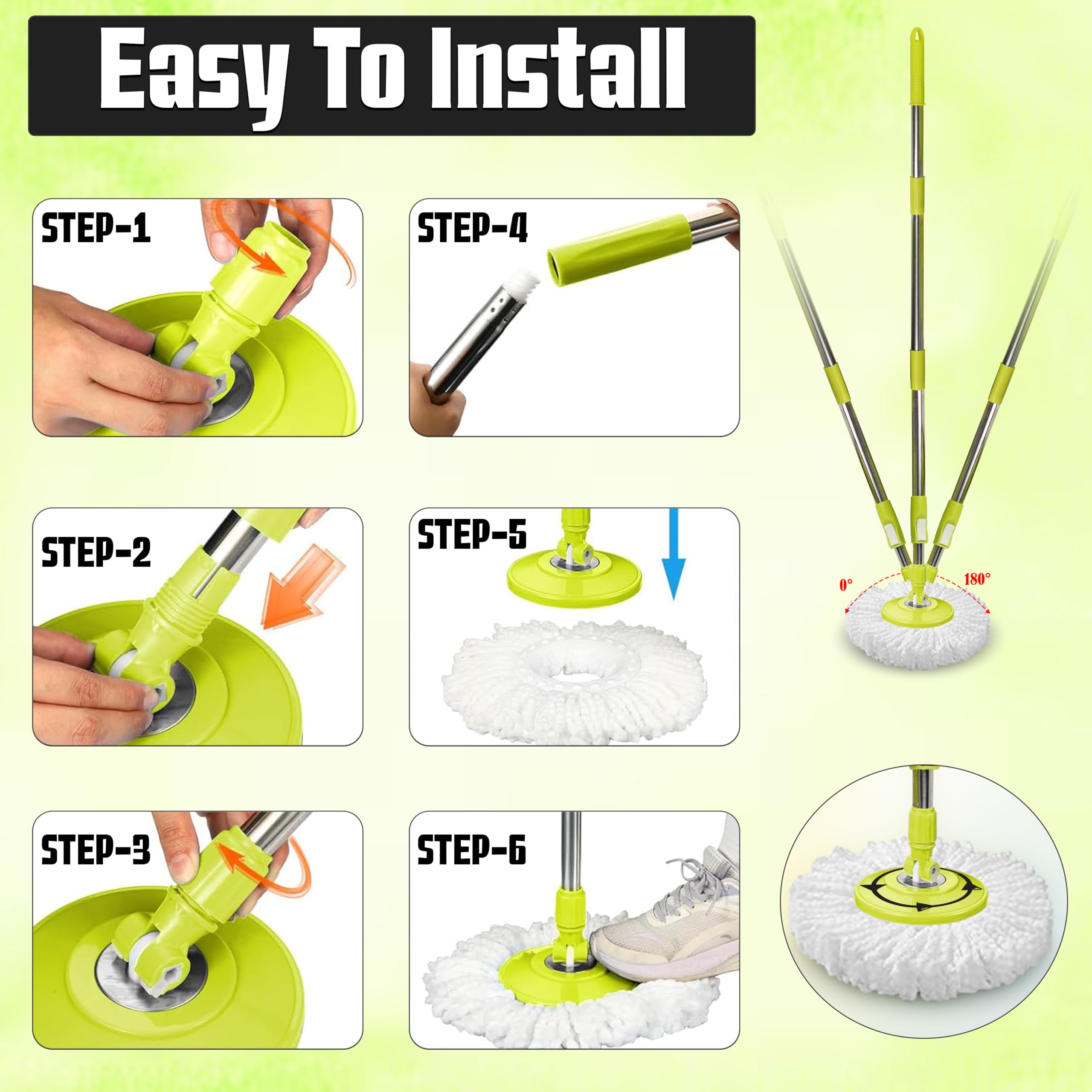 ARSUK cubo con 2 departamentos y fregona giratoria Apilables, 4 Repuestos de Microfibra, Mango Telescópico de Acero Inoxidable, Dispensador de Jabón Integrado, Cabezal Giratorio 360°, Suelos Laminados | Rotación de 360 grados
