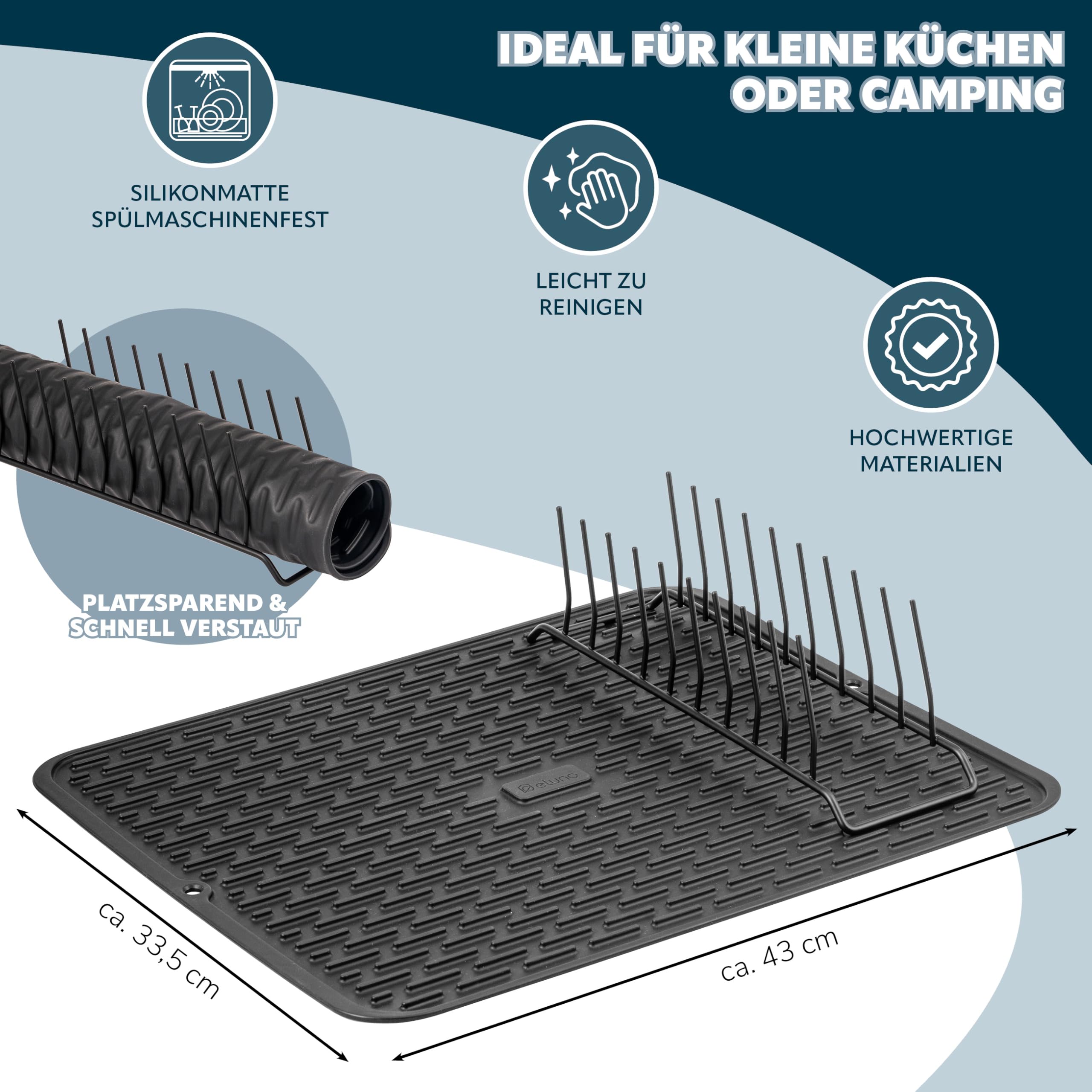eluno Spül-Set 2er, bestehend aus Spülbecken-Organizer mit Soft-Touch Oberfläche und Abtropfmatte inkl. Abtropfgestell für 9 Teller, Geschirrspülset inkl. Seifenspender mit 350 ml Volumen, schwarz