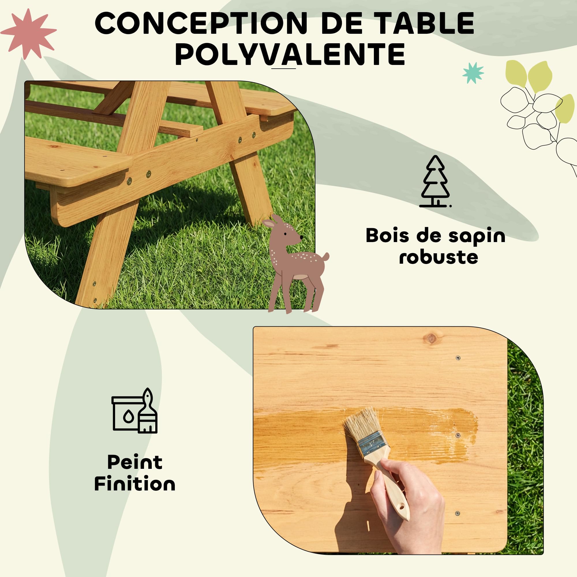 AIYAPLAY Ensemble Salon de Jardin extérieur Enfant, Table Pique-Nique Enfant avec bancs, Cadre en Bois Massif, pour Jardin, pelouse, Camping, Bois Naturel