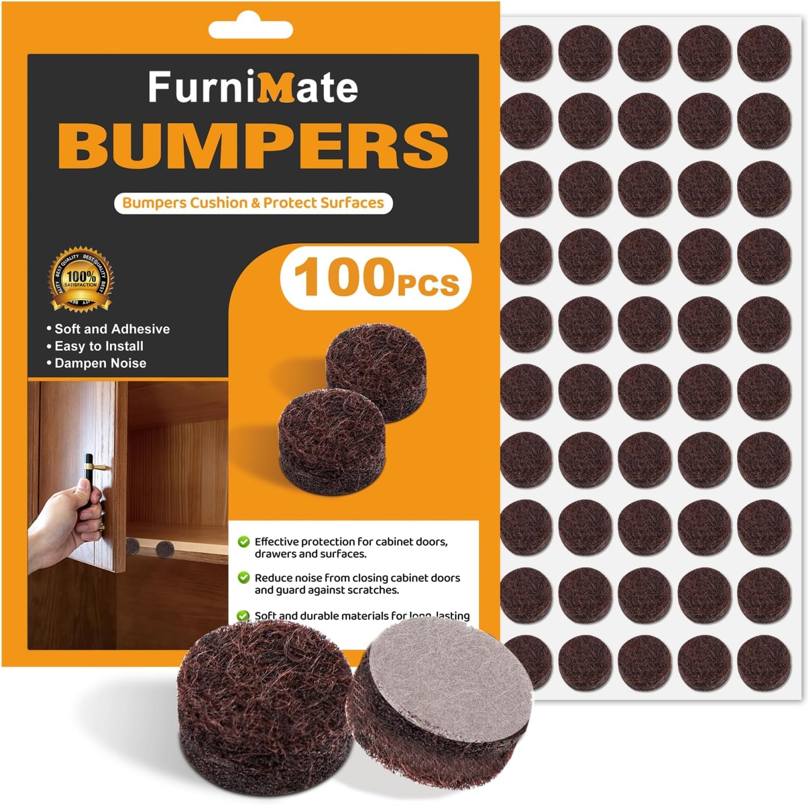 Felt Cabinet Door Bumpers - Small Felt Pads for Cabinet Doors, 3/8" Diameter 100PCS, 5mm Thick Self Adhesive Brown