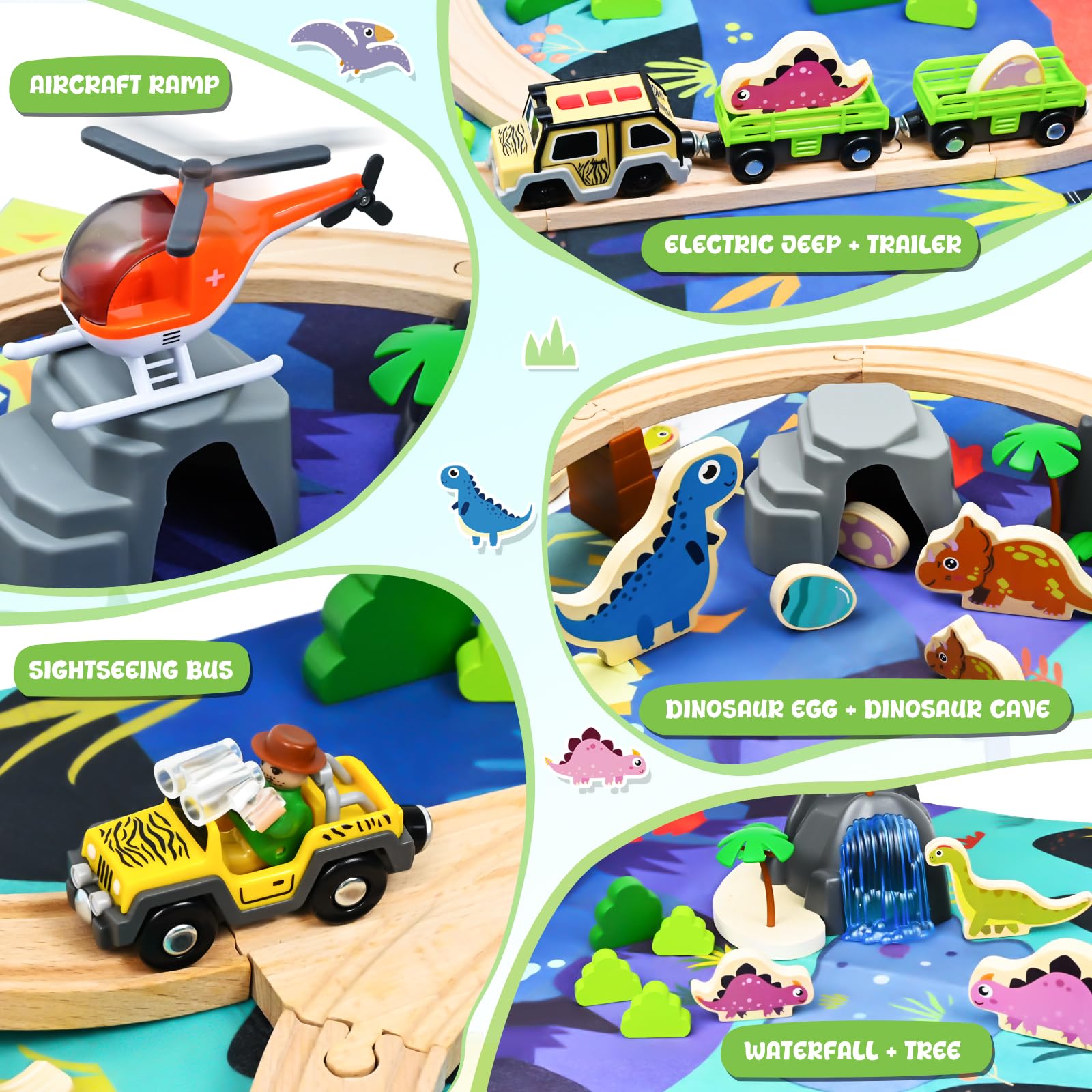 Joellfuner 80 Pièces Ensemble de Trains en Bois, Jouet de Dinosaure Train avec Trains Touristique et Accessoires pour Dinosaures, Circuit Train en Bois Enfant Compatible avec Thomas, Brio et Hape