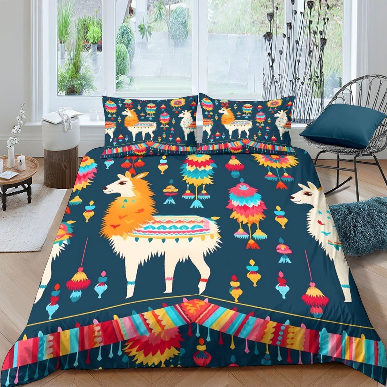 Ctjqhvkz Style-1 3D Printed Llama Fiesta Fitted Sheet Microfiber Soft Dark Blue Carnival Mattress Cover For Bedroom Guest Room Decor Single（135X200cm）
