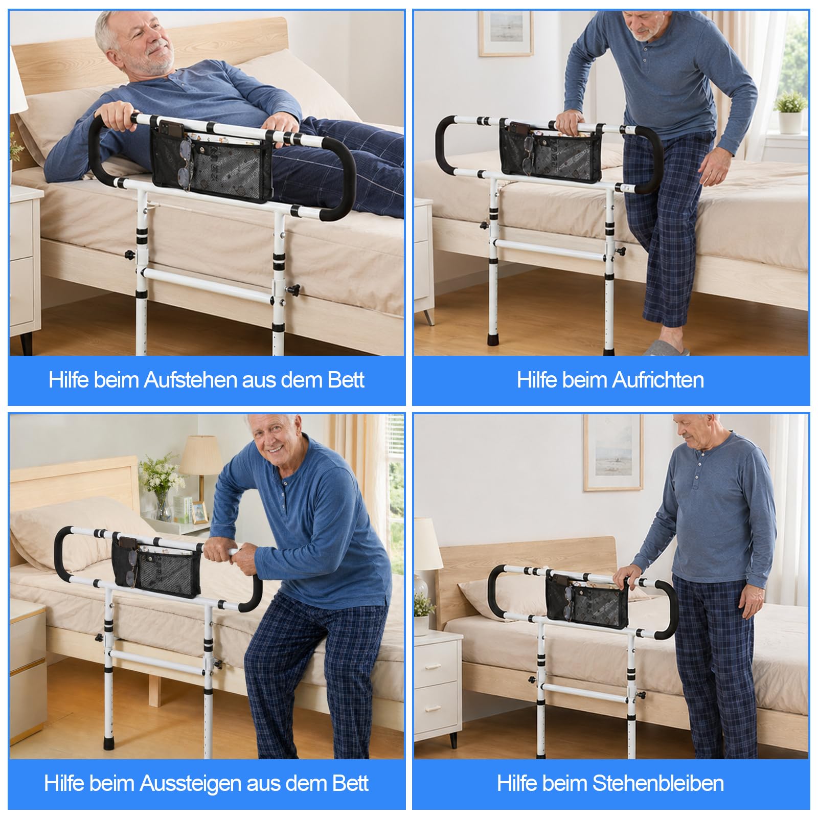 Barrera de cama para personas mayores, altura ajustable y plegable con asa, soporta hasta 180 kg, barrera de protección de cama para adultos, para todas las camas, color blanco