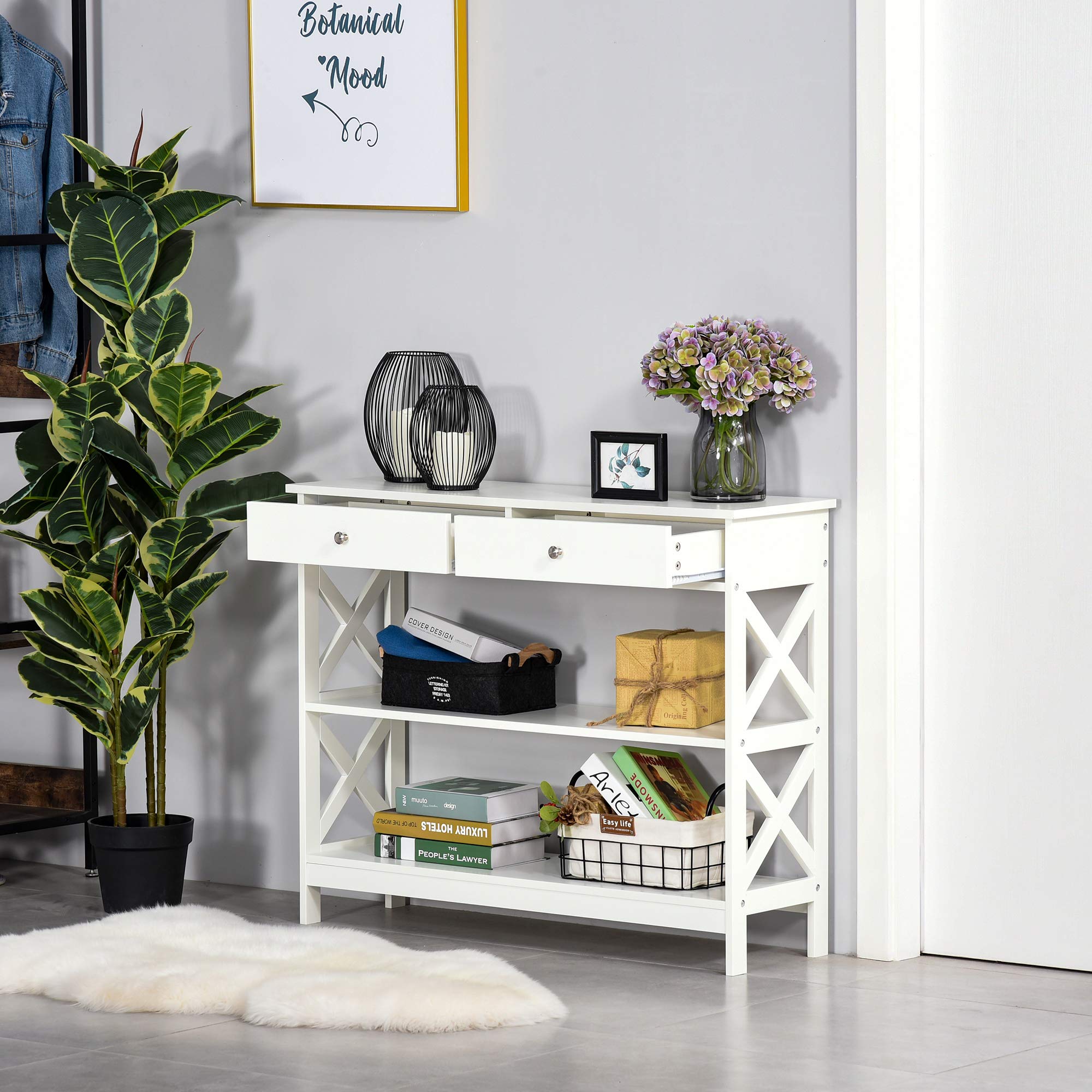 homcom Tavolo Consolle con 2 Cassetti e 2 Mensole, Mobile da Ingresso e Soggiorno in MDF, 100x30.5x80cm, Bianco
