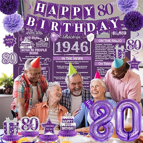 Miniatura 5 de Crenics Decoraciones de cumpleaños número 80 para mujer en púrpura - Fondo de 1946, pancarta, remolinos, centros de mesa, faja, pompones de papel,