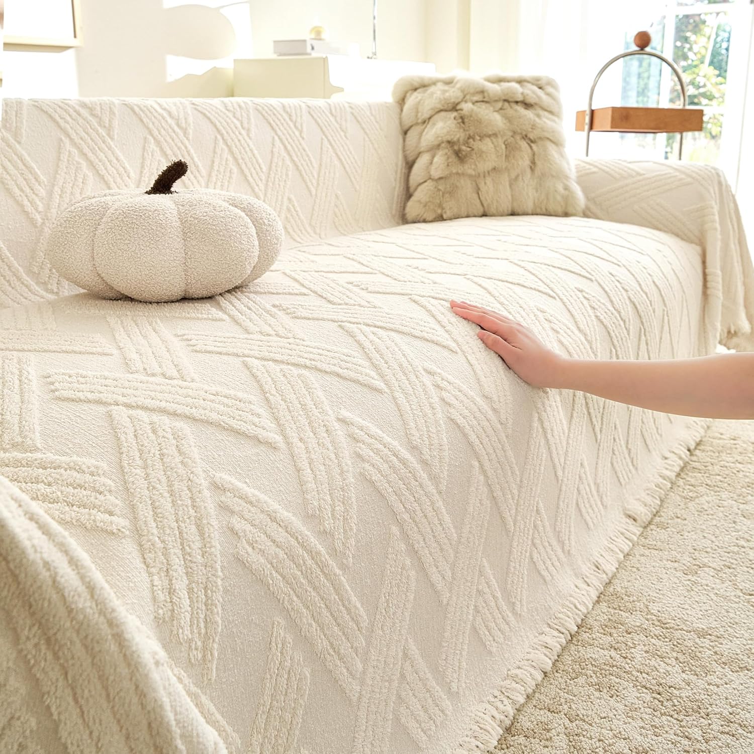 Couch Covers for Dogs, Sofa Covers for 3-4 Cushion Couch, Plush Couch Blanket Cover Sectional Washable, Sofa Slipcover Protector, Slip Covers for Sofas High Weight Warm,Chevron Cream,91" ×150"
