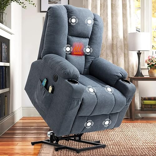Power Lift Recliner Chair for Elderly, Heavy Duty Lift Chair with Heat and Massage, Soft Fabric Recliner Chair with 2 Remote Controls, Cup Holders, Side Pockets & USB Ports (Blue)