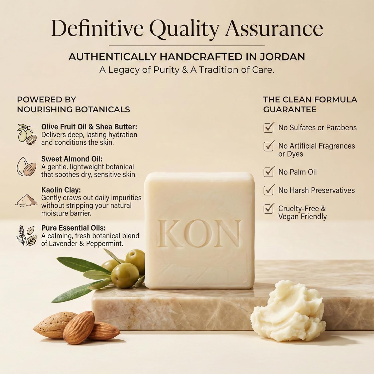 KON Natural Olive Shea Bar Soap - Deeply Moisturizing Face, Body and Hand Wash with Sweet Almond Oil, Olive Oil & Raw Shea Butter - Vegan, Cruelty-Free, Palm-Free - Handcrafted Skincare, 3.35 oz image 3