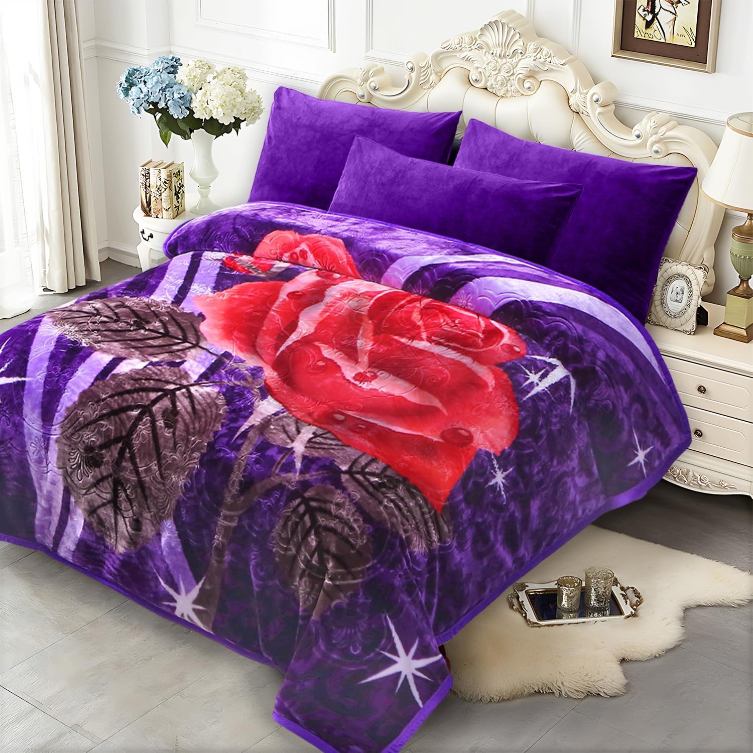 JYK Soft Korean Mink Blanket, 5.7 LB Fleece King 83'' x 91'' - 2 Ply Reversible 520GSM Super Soft Plush, Thick, Warm Bed Blanket for Autumn Winter - Rose/Camellia