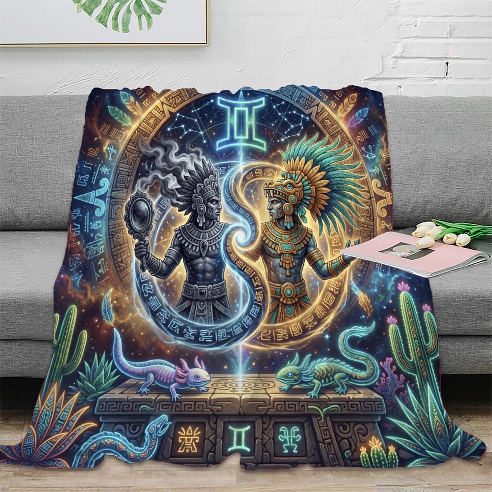 W7C8U2X3 Gemini Zodiac Aztec Art for Soft Throw Blanket, Bedroom Sofa Couch