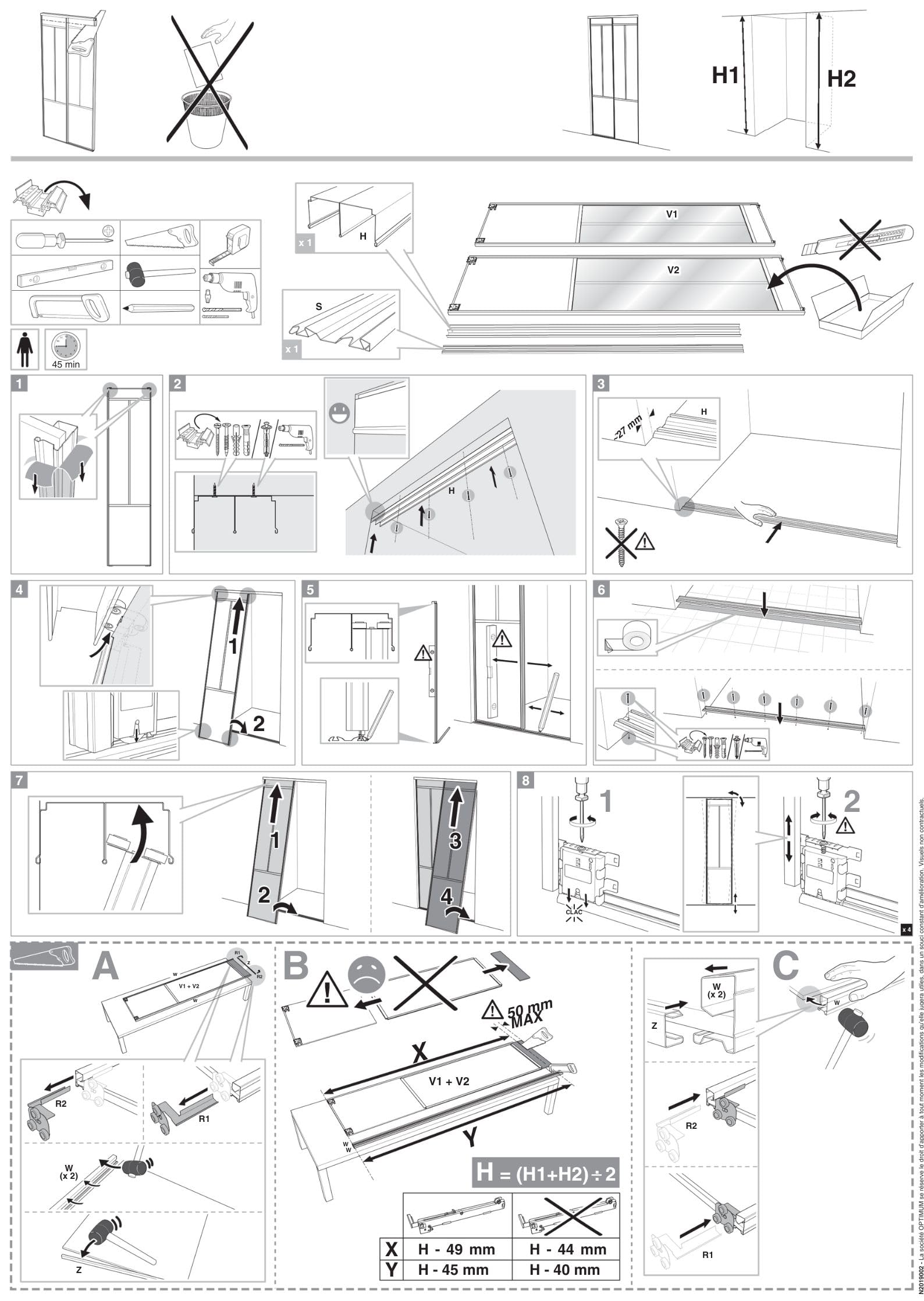 OPTIMUM Pack 2 Vantaux Porte Placard Atelier Noir Verre dépoli – Style Industriel – Portes Coulissantes Intérieures Modernes – Plusieurs Dimensions (Noir, 180x250 cm)