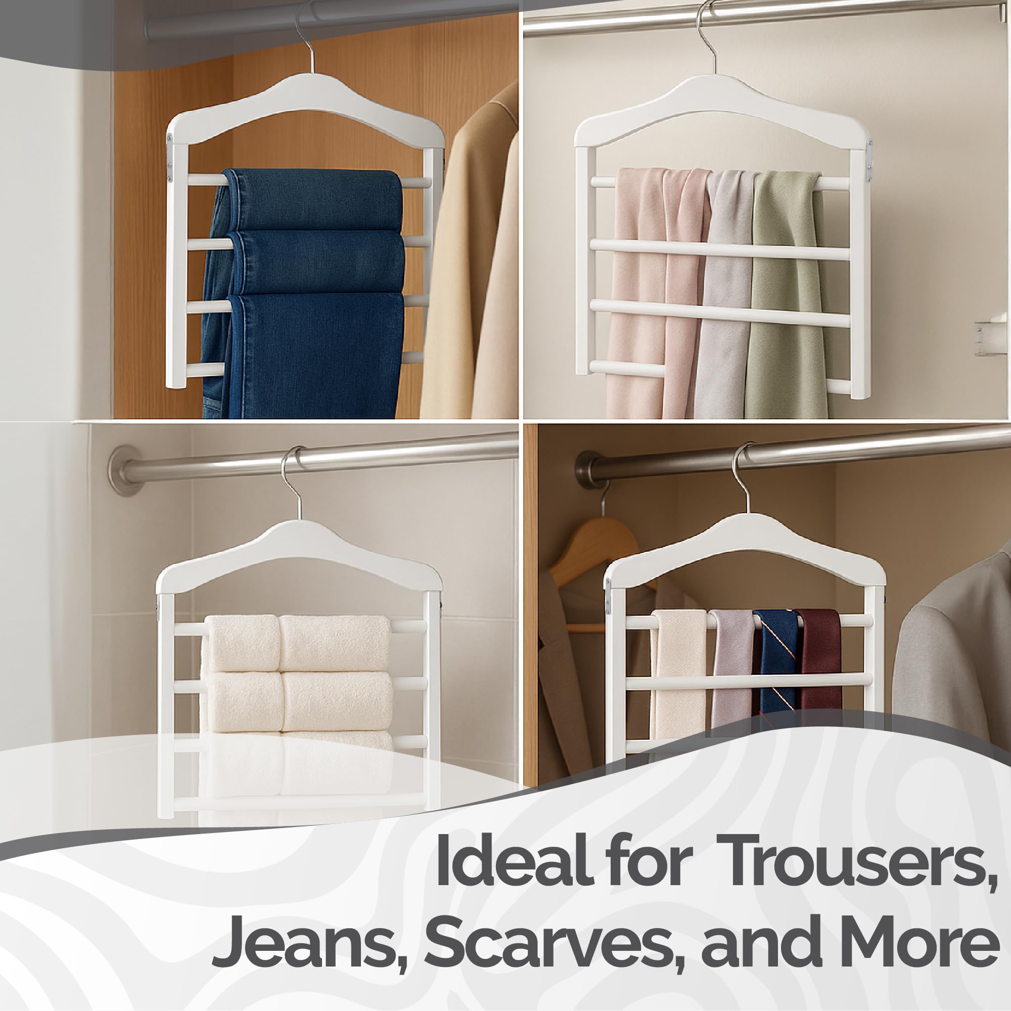 Hangerworld Paquete de 3 perchas de madera blanca para pantalones, organizador multifuncional de almacenamiento de ropa de 4 niveles con barras antideslizantes