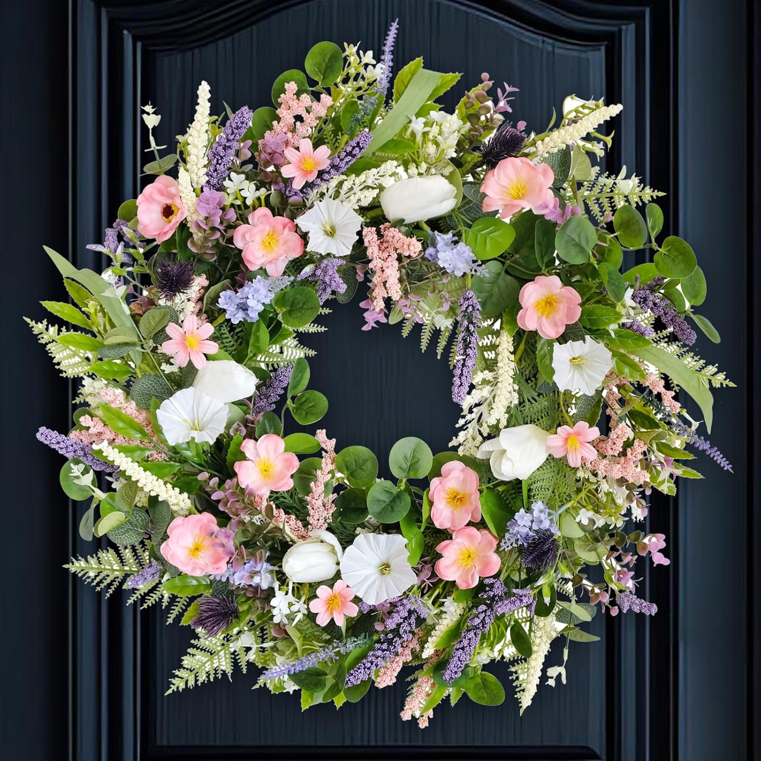 Spring Wreath 22-inch Faux White Morning Glory Pink Flower Green Leaf Wreath Front Door Porch Patio Decoration Wreath Wedding Birthday Party Holiday Wreath