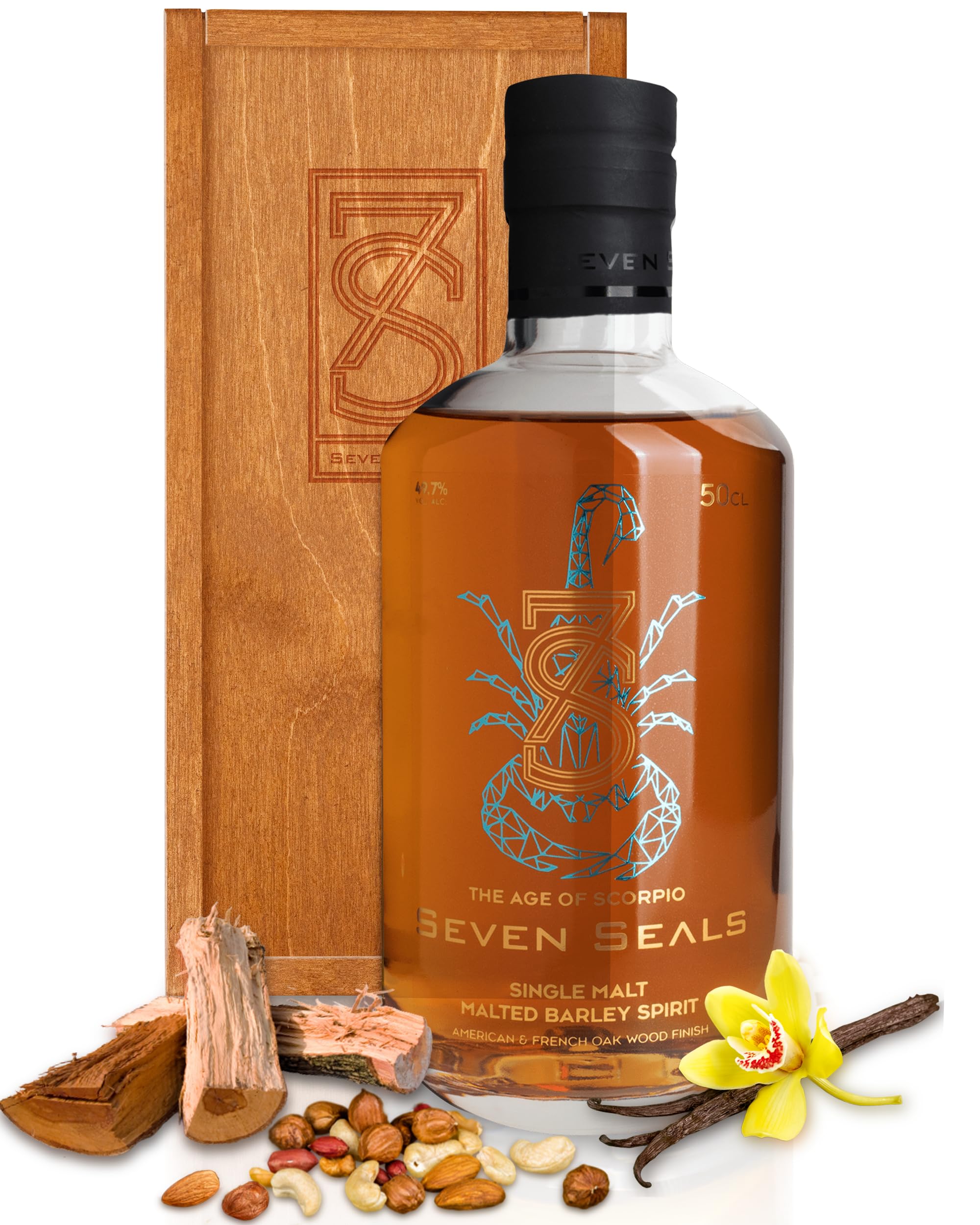 Seven Seals - The Age of Scorpio Premium Single Malt 0,5 I Geschenkset mit Holzbox | Geschmack & Aroma von Vanille, gerösteten Nüssen, Holz | Passendes Geschenk für Sternbild Skorpion | 49.7% Alkohol