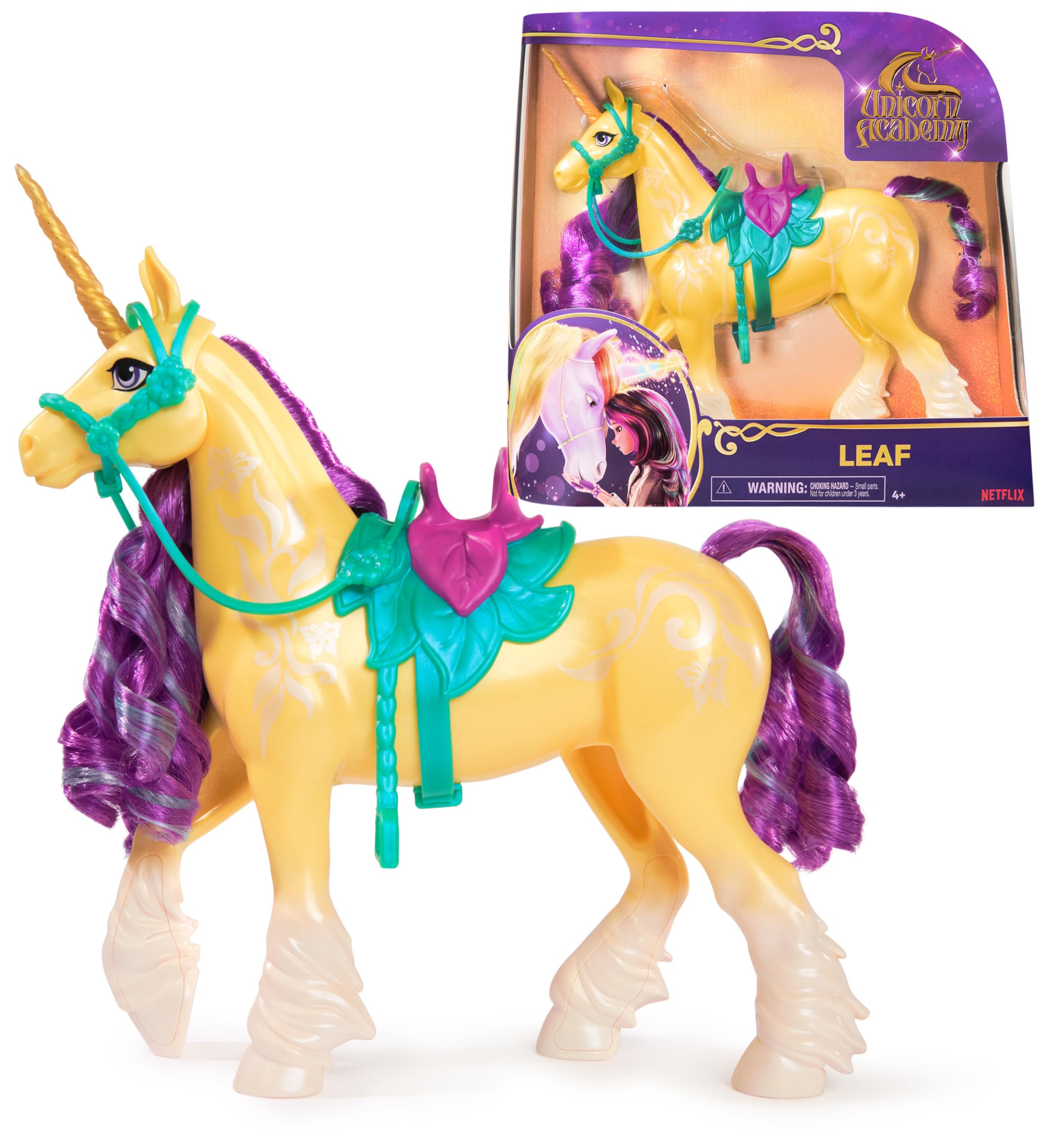 Academia Unicornio - Figura Brizna 'Leaf' de 28 cm con movimiento de cabeza y 2 Accesorios equitación - Unicornios para Niñas - Regalo Niña 4 años +