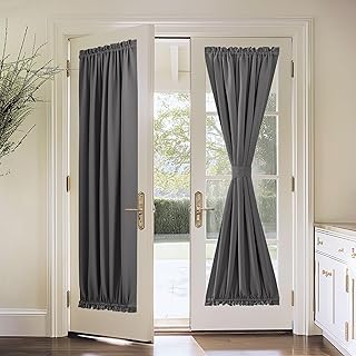 Gray Door Curtain - Thermal Insulated Rod Pocket Blackout Privacy French Door Panel with Tieback, 54 inch Wide by 72 inch Long, Grey, 1 PC - Buy now