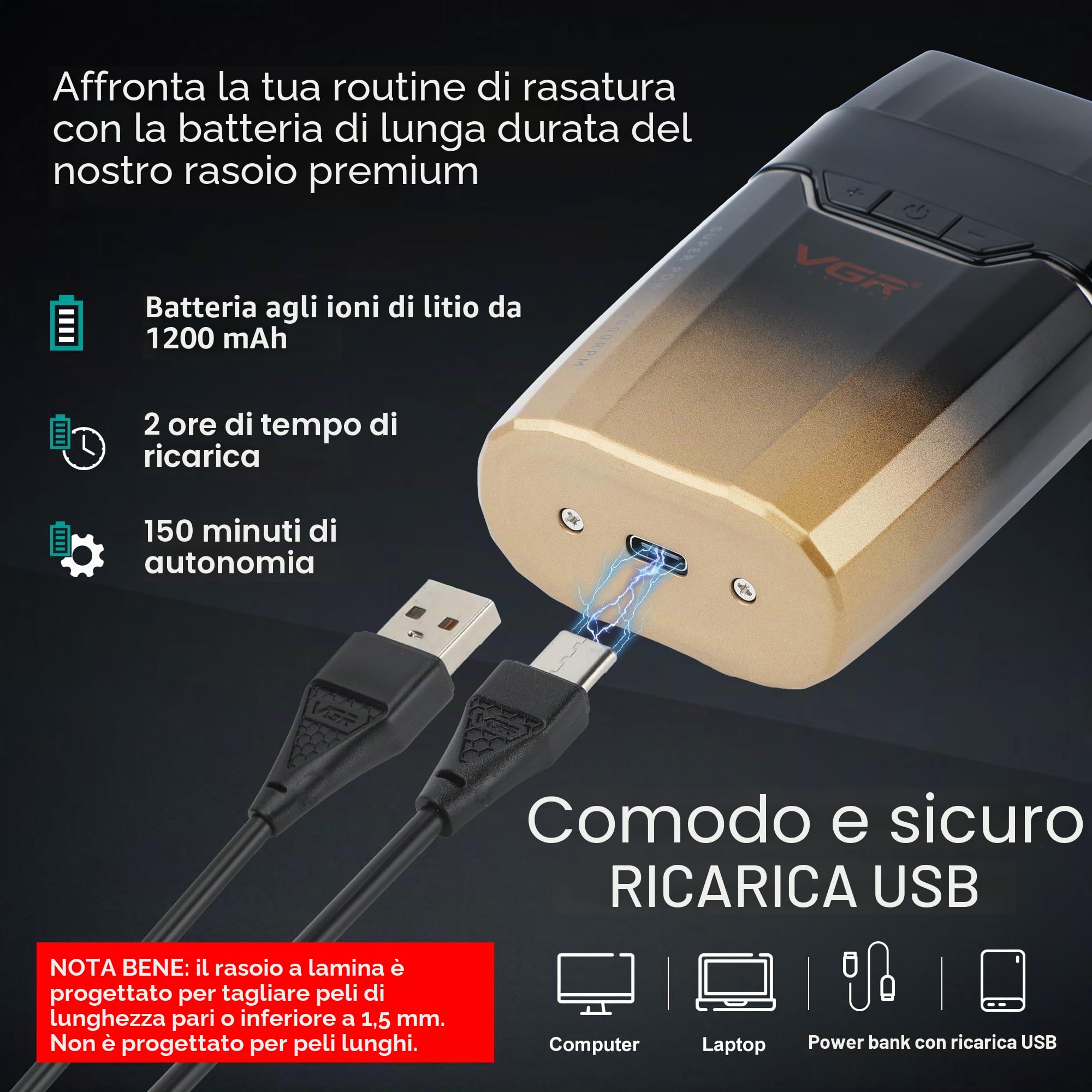 VGR Rasoio Elettrico a Lamelle per Uomini - 9000 RPM - Ricaricabile USB-C Senza Fili con Batteria da 150 Minuti - Rasoio da Barbiere Professionale per Sfumature sulla Pelle - Macchina da Barba per
