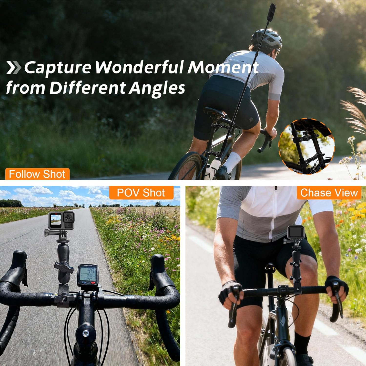 Motorcycle Camera Mount Kit Compatible with Insta 360 DJI Osmo & GoPro Cameras, Adjustable Handlebar Clamp Mounts with 59" Invisible Selfie Stick for Motorcycle & Bike Riding