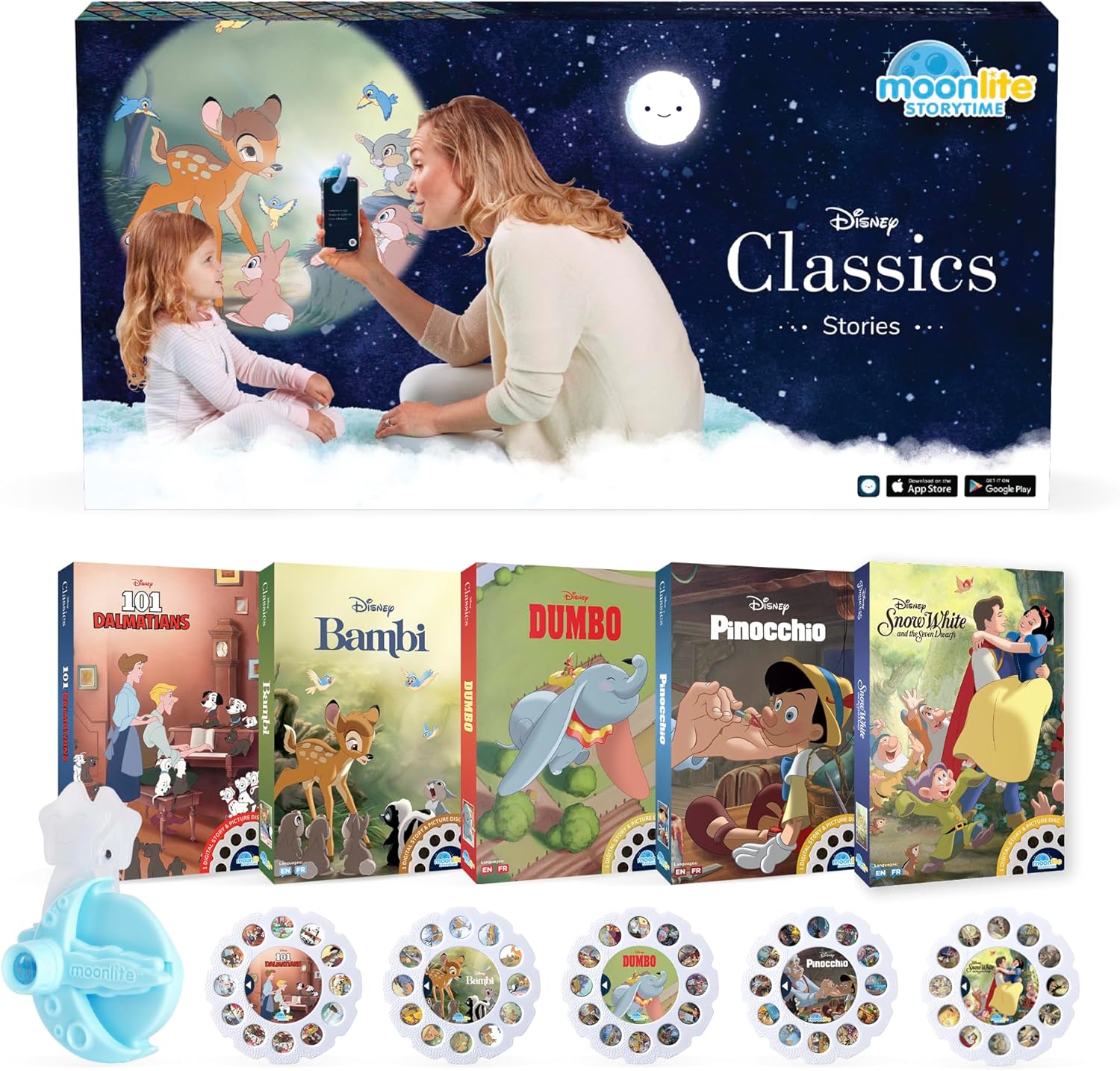 Moonlite Mini Projector with 5 Classic Disney Stories - A New Way to Read Stories Together - 5 Digital Stories with Light Projector - Dumbo, Pinocchio and More - Gifts for Kids Ages 1 and Up