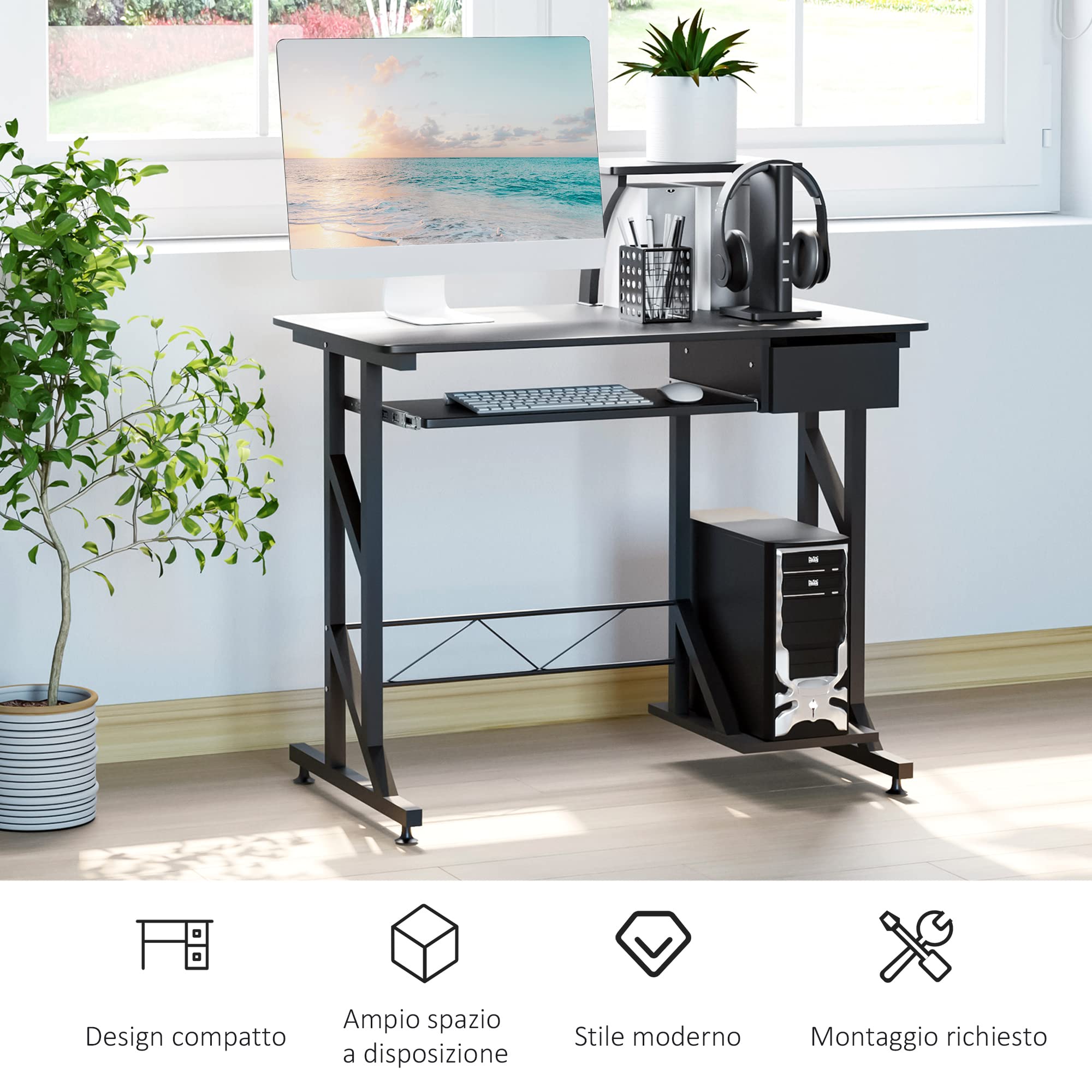 HOMCOM Scrivania per Computer Salvaspazio in Acciaio e Legno, Scrivania da Ufficio con Cassetto, Ripiano Tastiera Estraibile 90 x 50 x 95cm