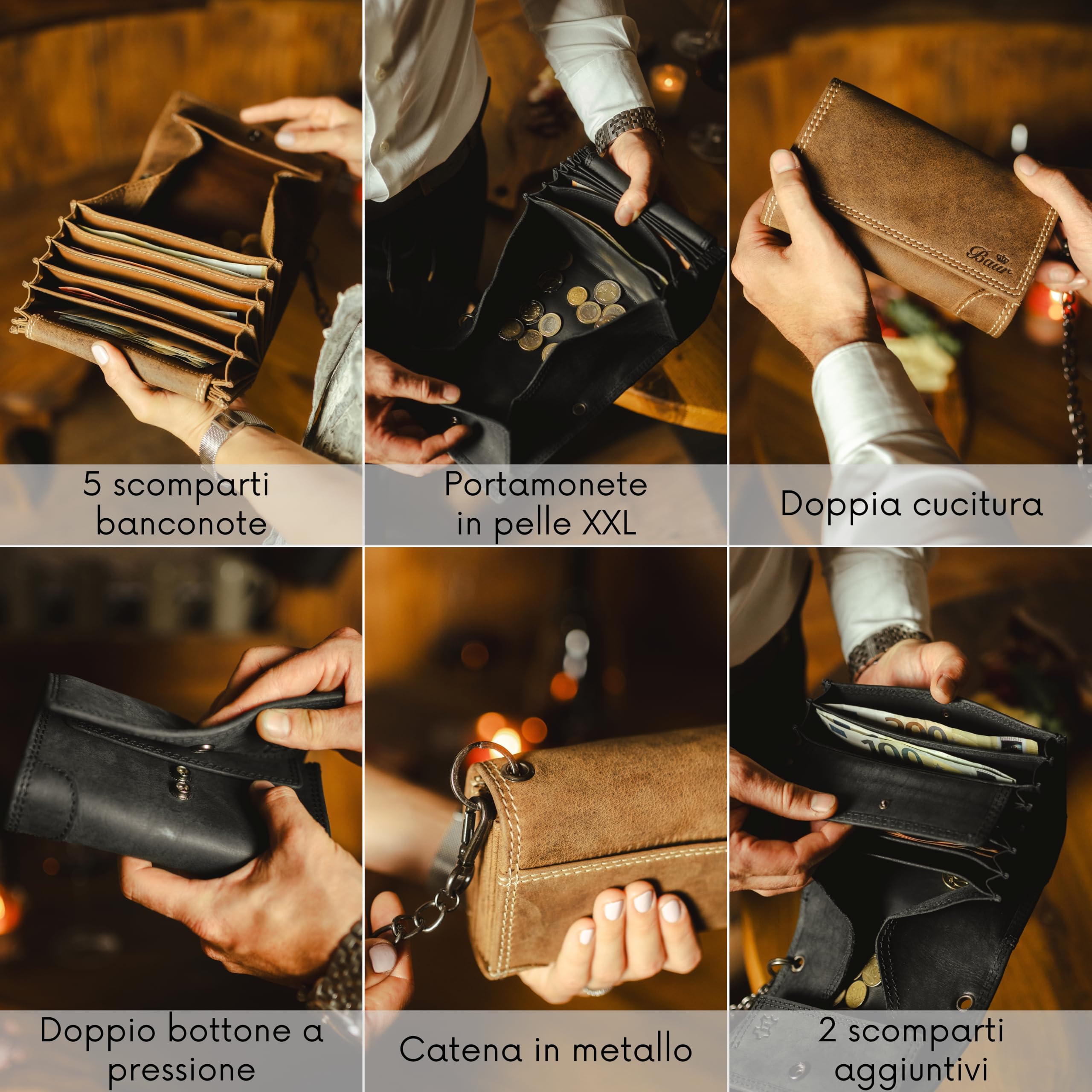Baur set da cameriere grande in vera pelle di bufalo – portamonete professionale & fondina con catena – portafoglio cassa robusto con fodera in pelle (Set grande con bottone a pressione, Nero)